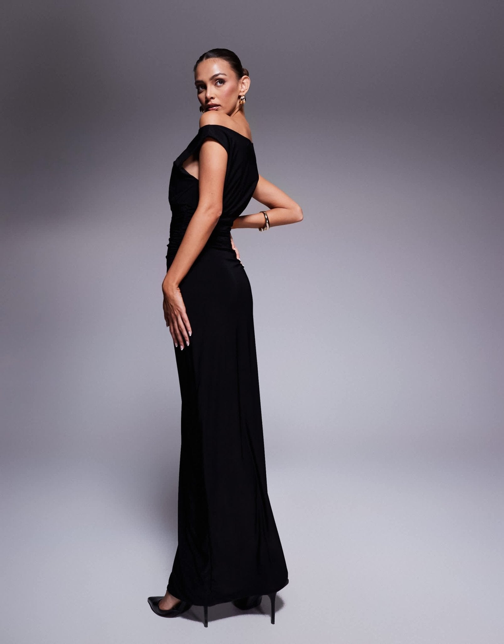 Fashionkilla double sculpted slinky sleeveless asymmetric neck ruched bodycon maxi dress in black - ASOS Sample Sale