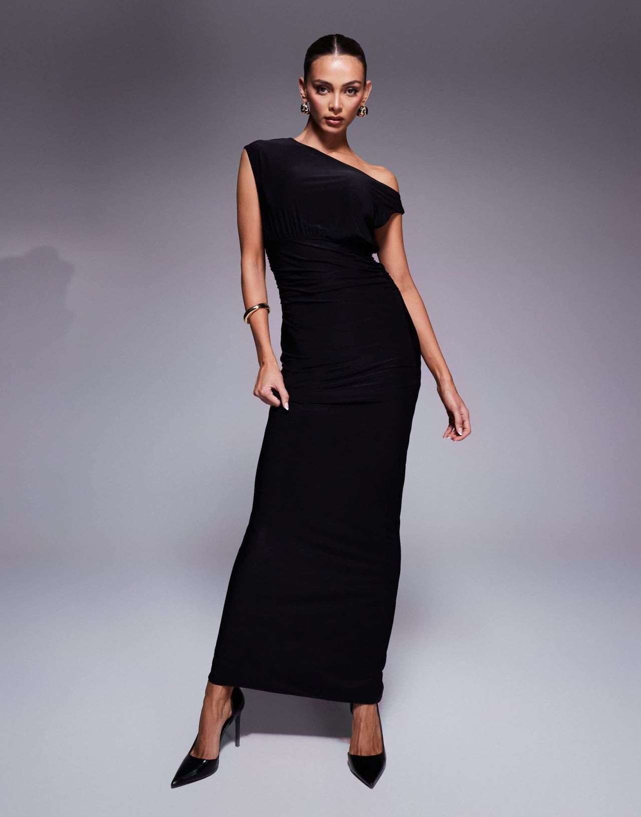 Fashionkilla double sculpted slinky sleeveless asymmetric neck ruched bodycon maxi dress in black - ASOS Sample Sale