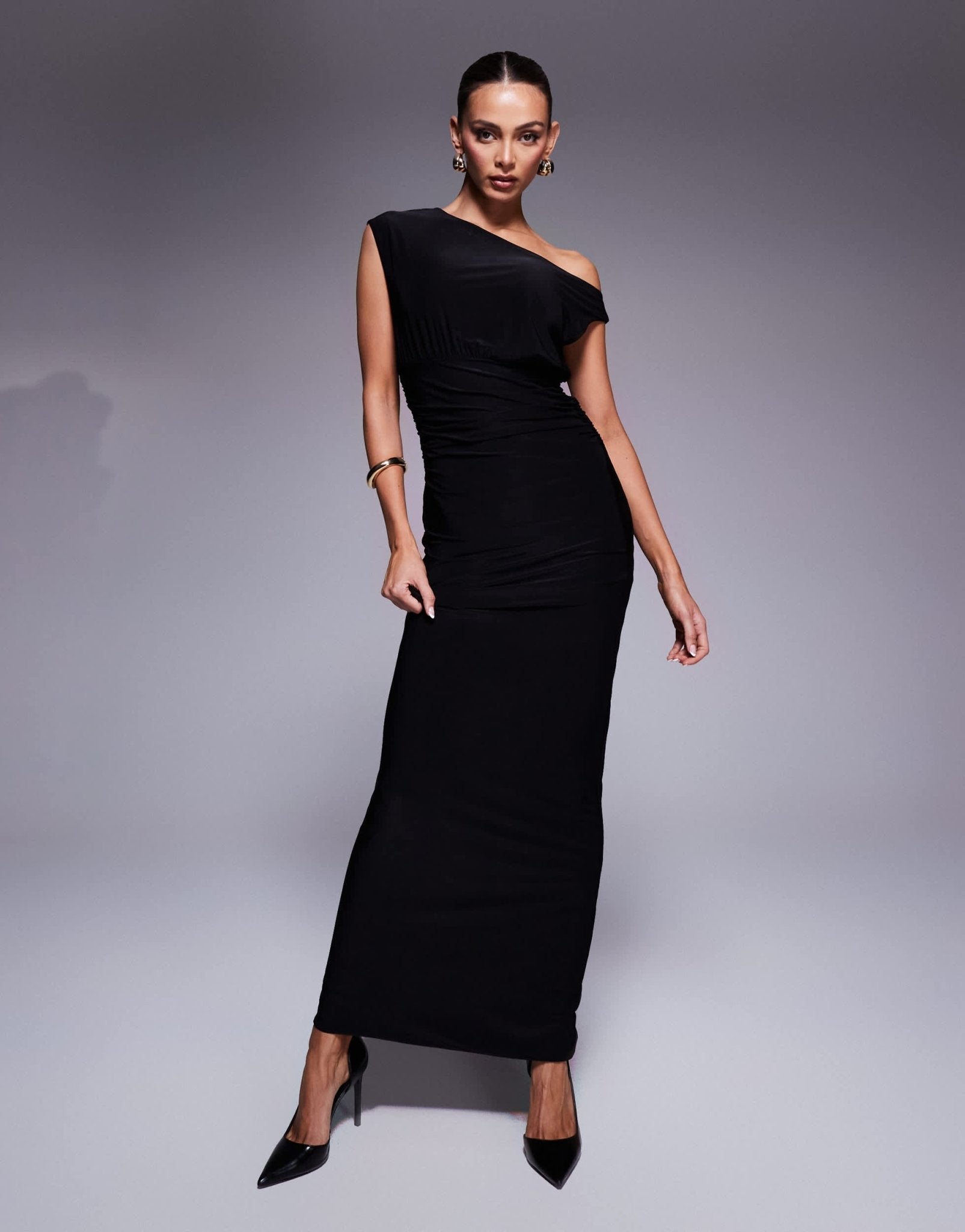 Fashionkilla double sculpted slinky sleeveless asymmetric neck ruched bodycon maxi dress in black - ASOS Sample Sale