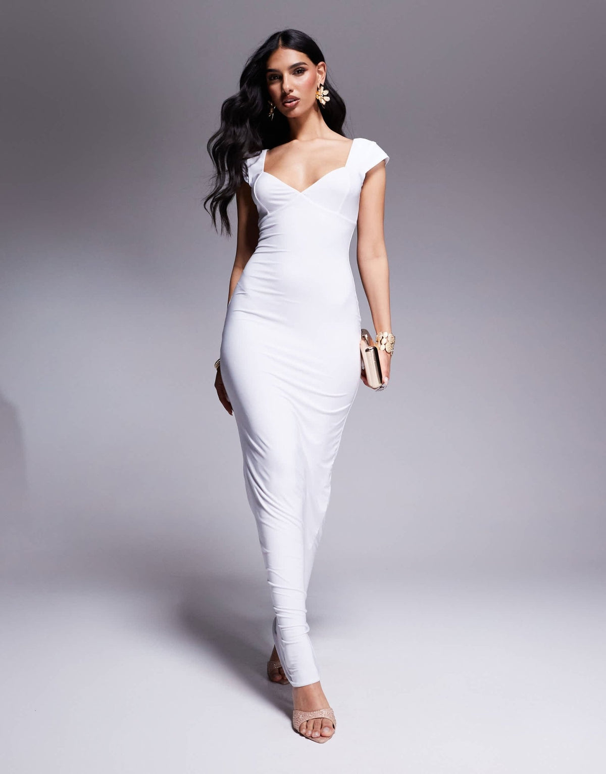 Fashionkilla double sculpted slinky sweetheart neckline open back bodycon maxi dress in white - ASOS Sample Sale