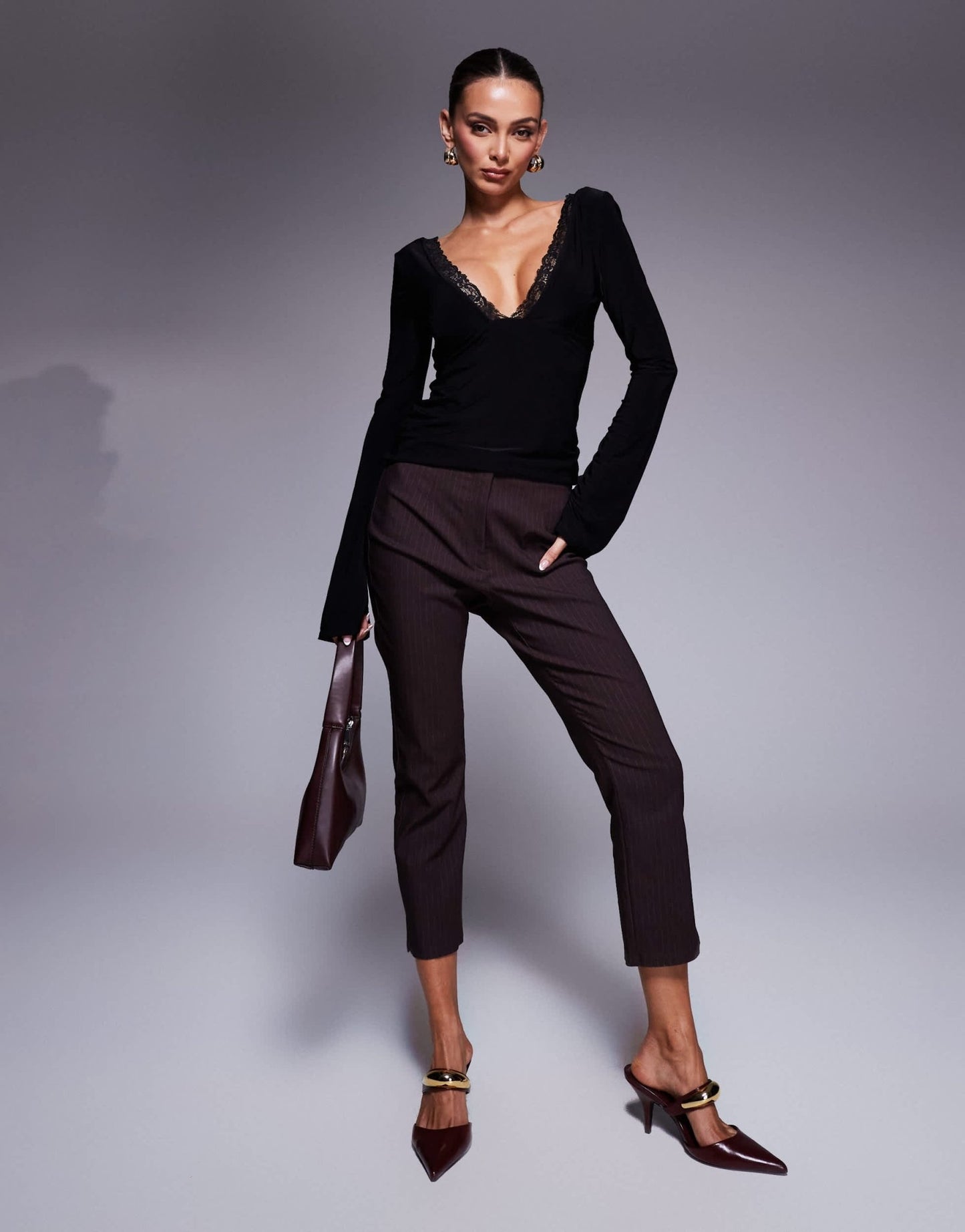 Fashionkilla double sculpted slinky v - neck lace detail top in black - ASOS Sample Sale