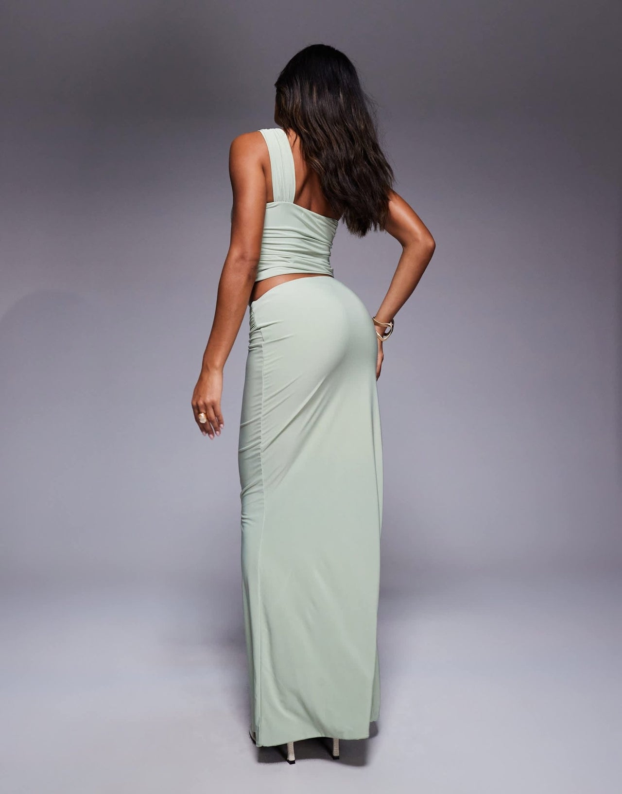Fashionkilla double sculpted slinky wrap drape metal shell detail maxi skirt co-ord in sage - ASOS Sample Sale