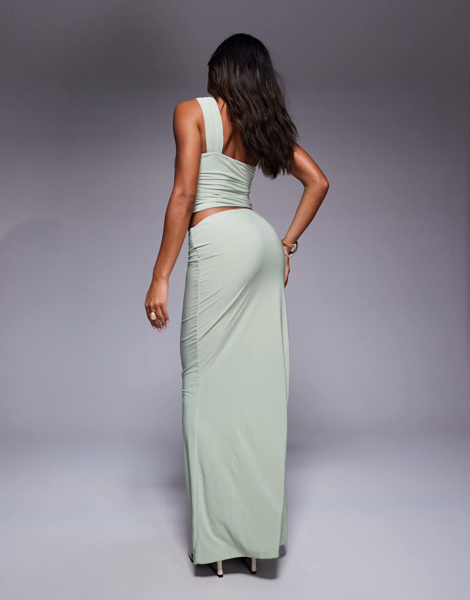 Fashionkilla double sculpted slinky wrap drape metal shell detail maxi skirt co-ord in sage - ASOS Sample Sale
