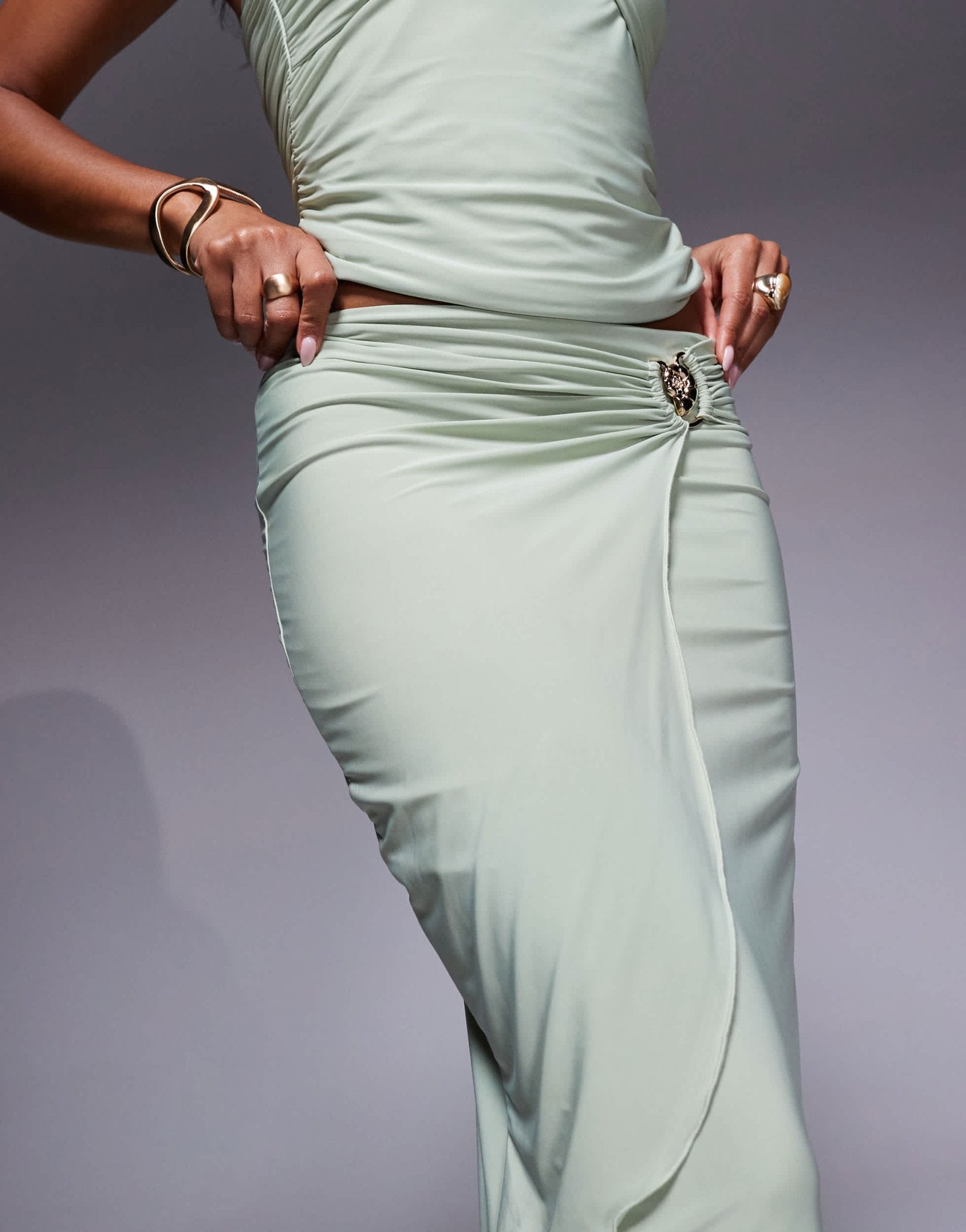 Fashionkilla double sculpted slinky wrap drape metal shell detail maxi skirt co-ord in sage - ASOS Sample Sale