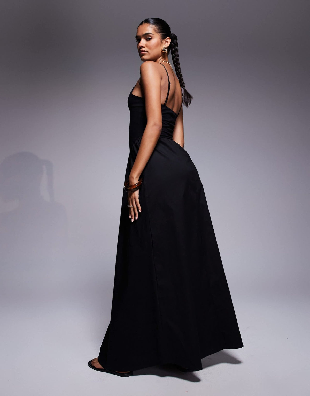 Fashionkilla exclusive cotton & poplin mix v neck drop waist detail maxi dress in black - ASOS Sample Sale