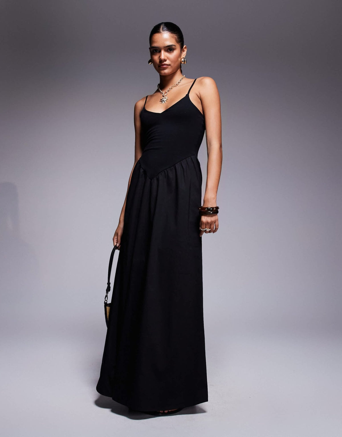 Fashionkilla exclusive cotton & poplin mix v neck drop waist detail maxi dress in black - ASOS Sample Sale