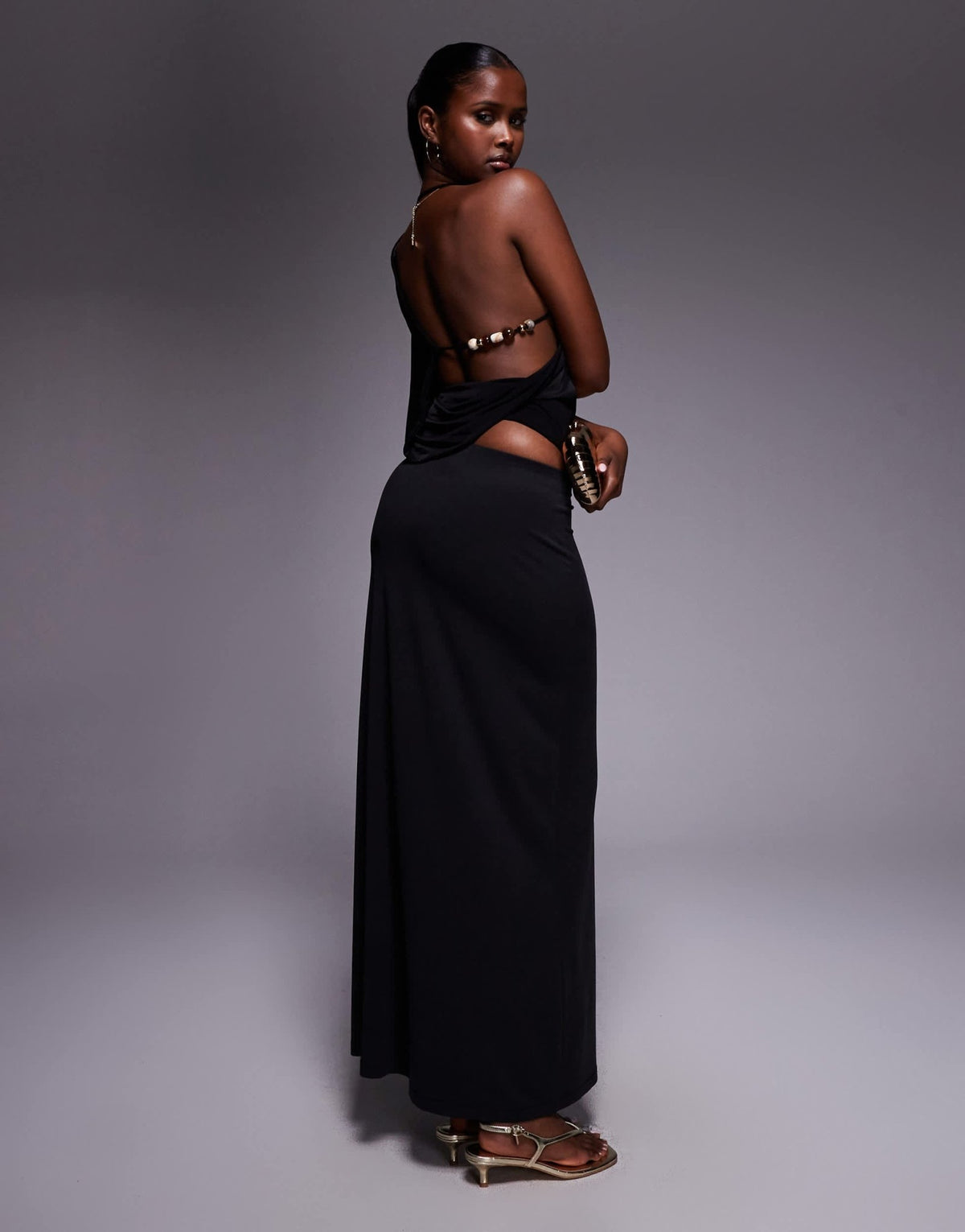 Fashionkilla exclusive double sculpted slinky high neck open side bead detail top in black - ASOS Sample Sale