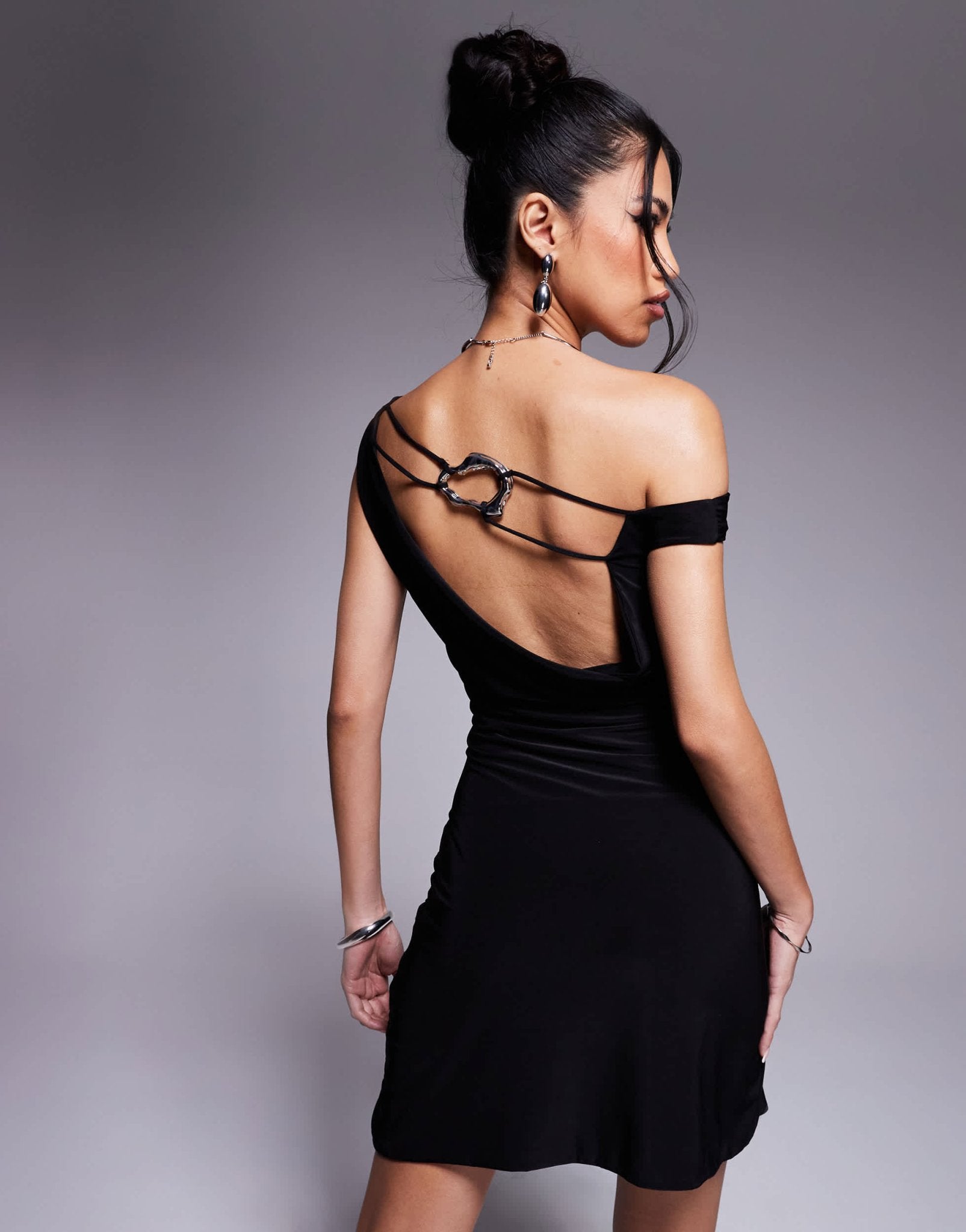 Fashionkilla exclusive slinky double sculpted off shoulder strappy metal ring low back mini dress in black - ASOS Sample Sale