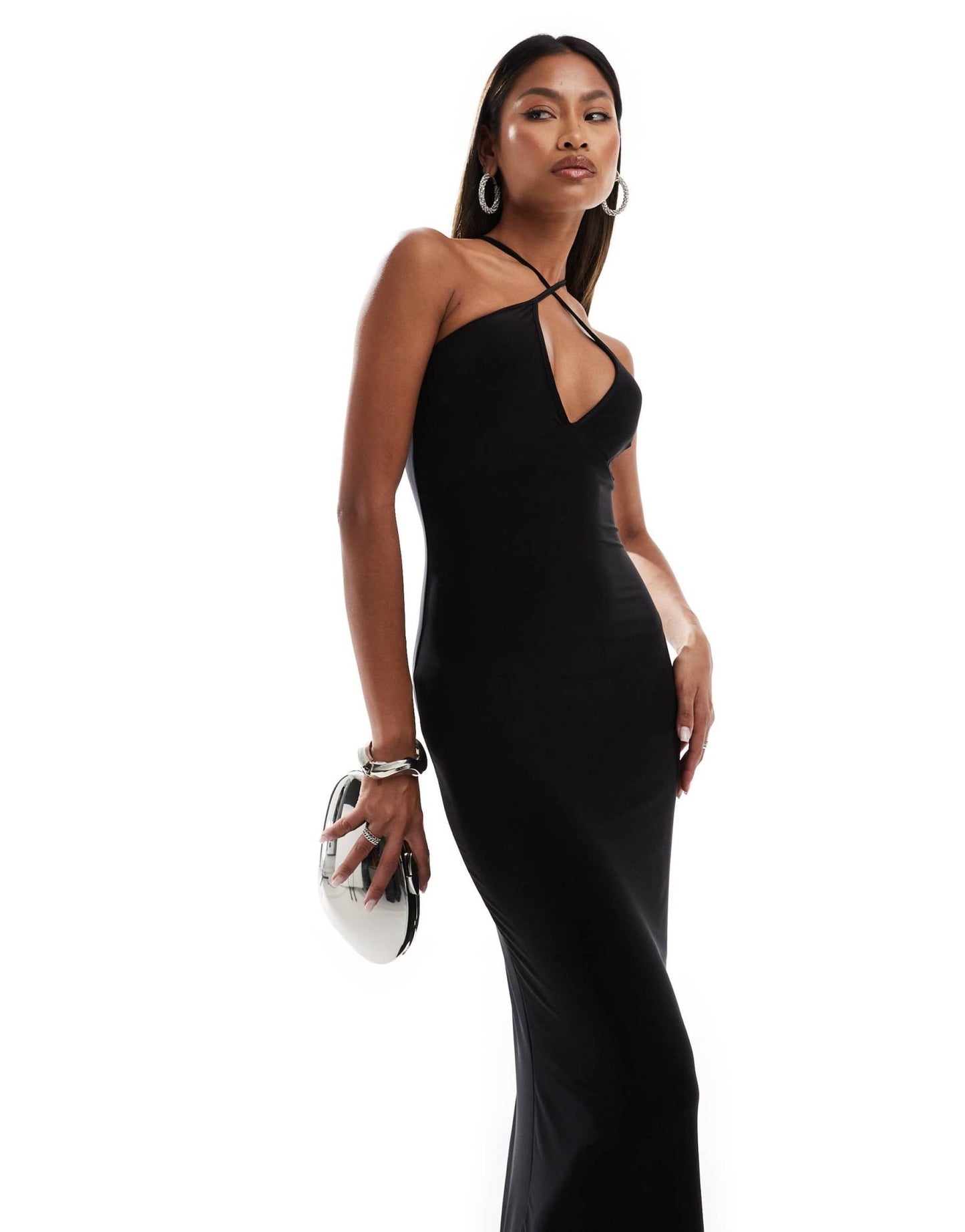 Fashionkilla slinky double layered cami wrap bust maxi dress in black - ASOS Sample Sale