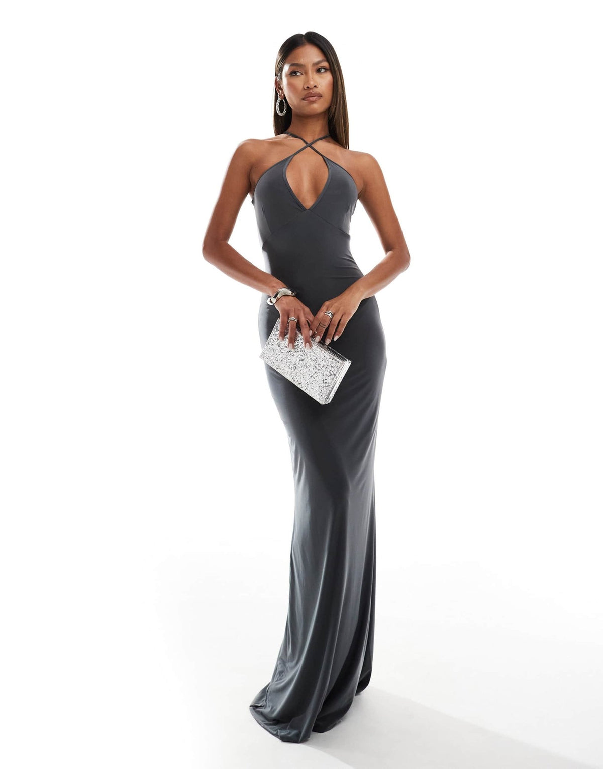 Fashionkilla slinky double layered cami wrap bust maxi dress in slate grey - ASOS Sample Sale
