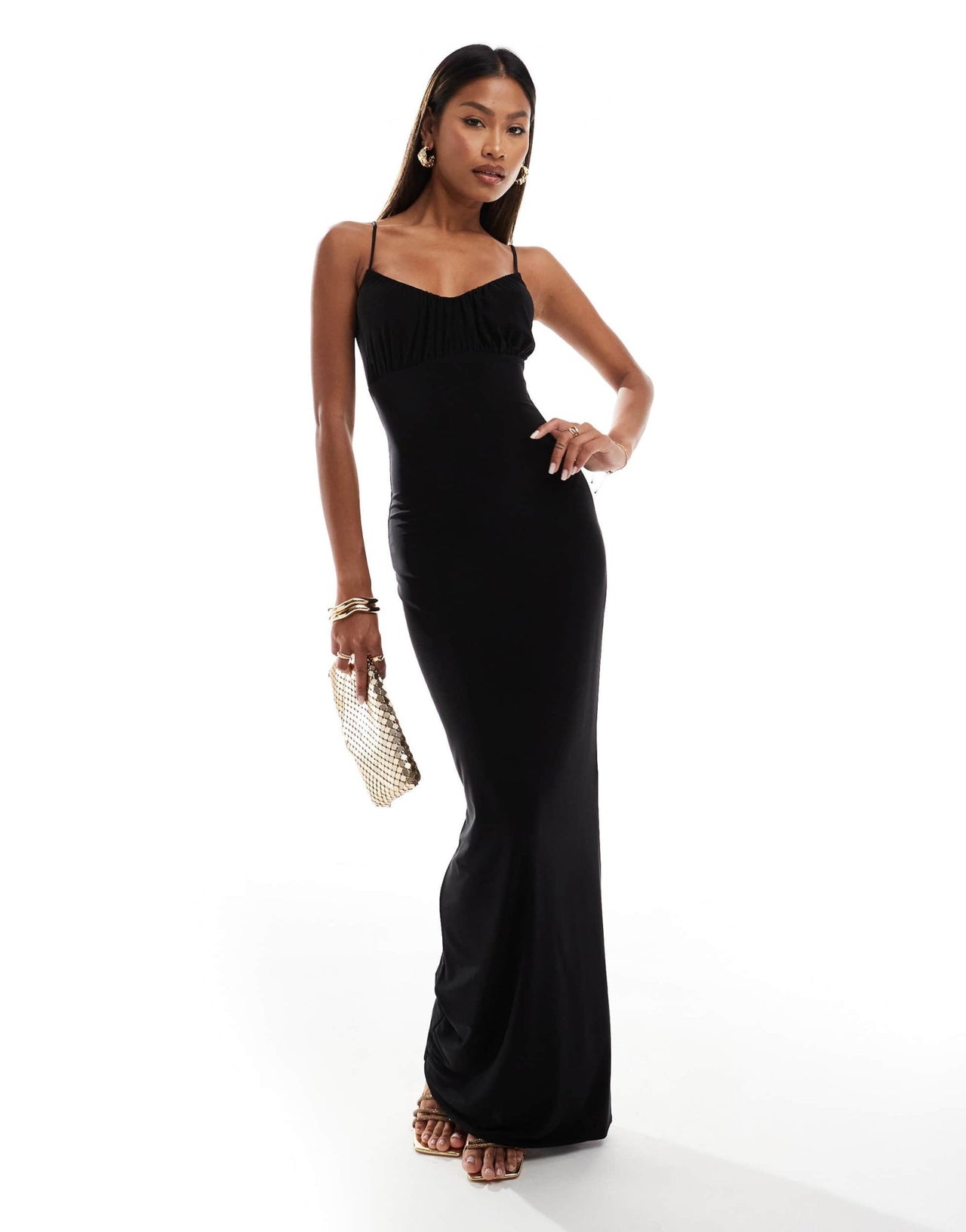 Fashionkilla soft touch double layered cami ruched bust maxi dress in black - ASOS Sample Sale