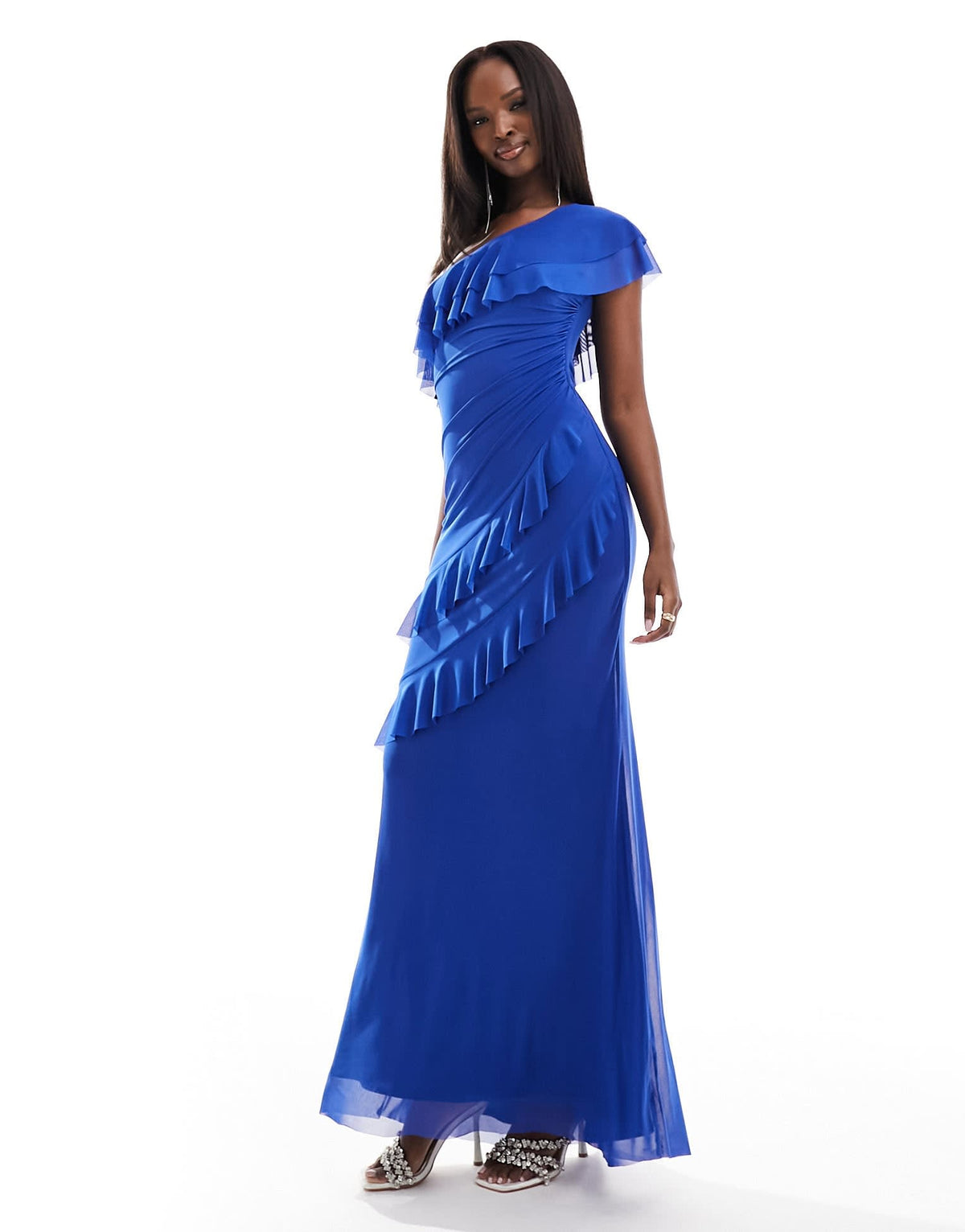 Flounce London one shoulder mesh maxi dress in cobalt - ASOS Sample Sale