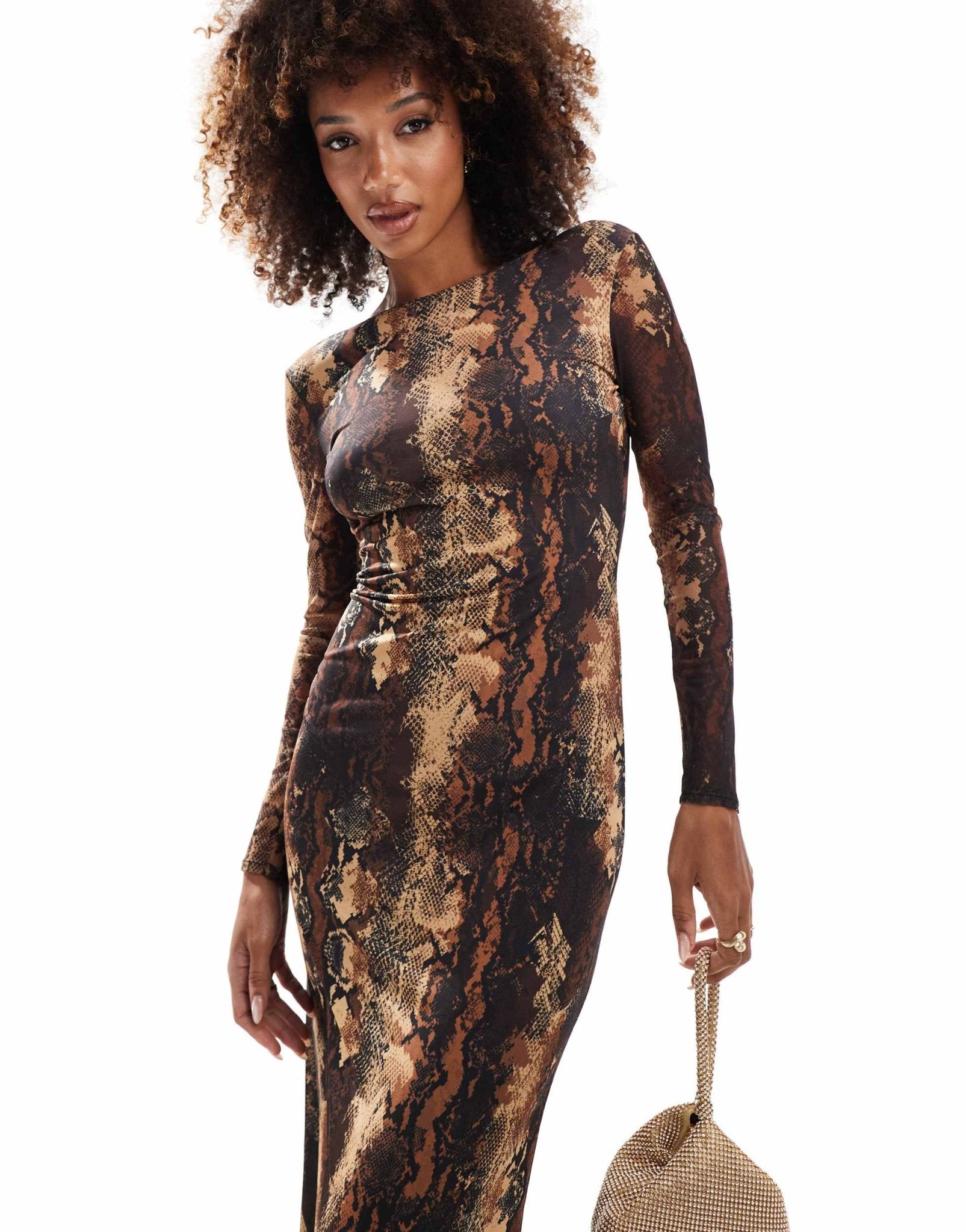 Flounce London sheer sleeve maxi dress with fishtail in snake print - ASOS Sample Sale