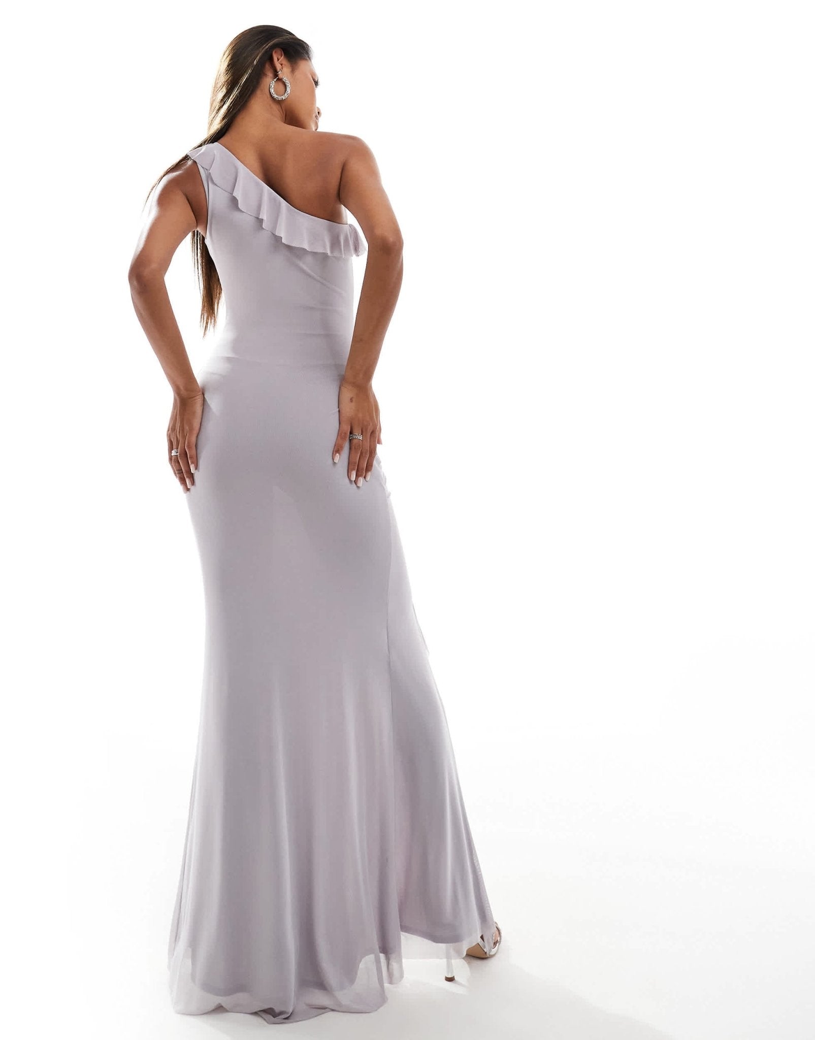 Flounce ruched mesh maxi dress with frill detail in grey - ASOS Sample Sale