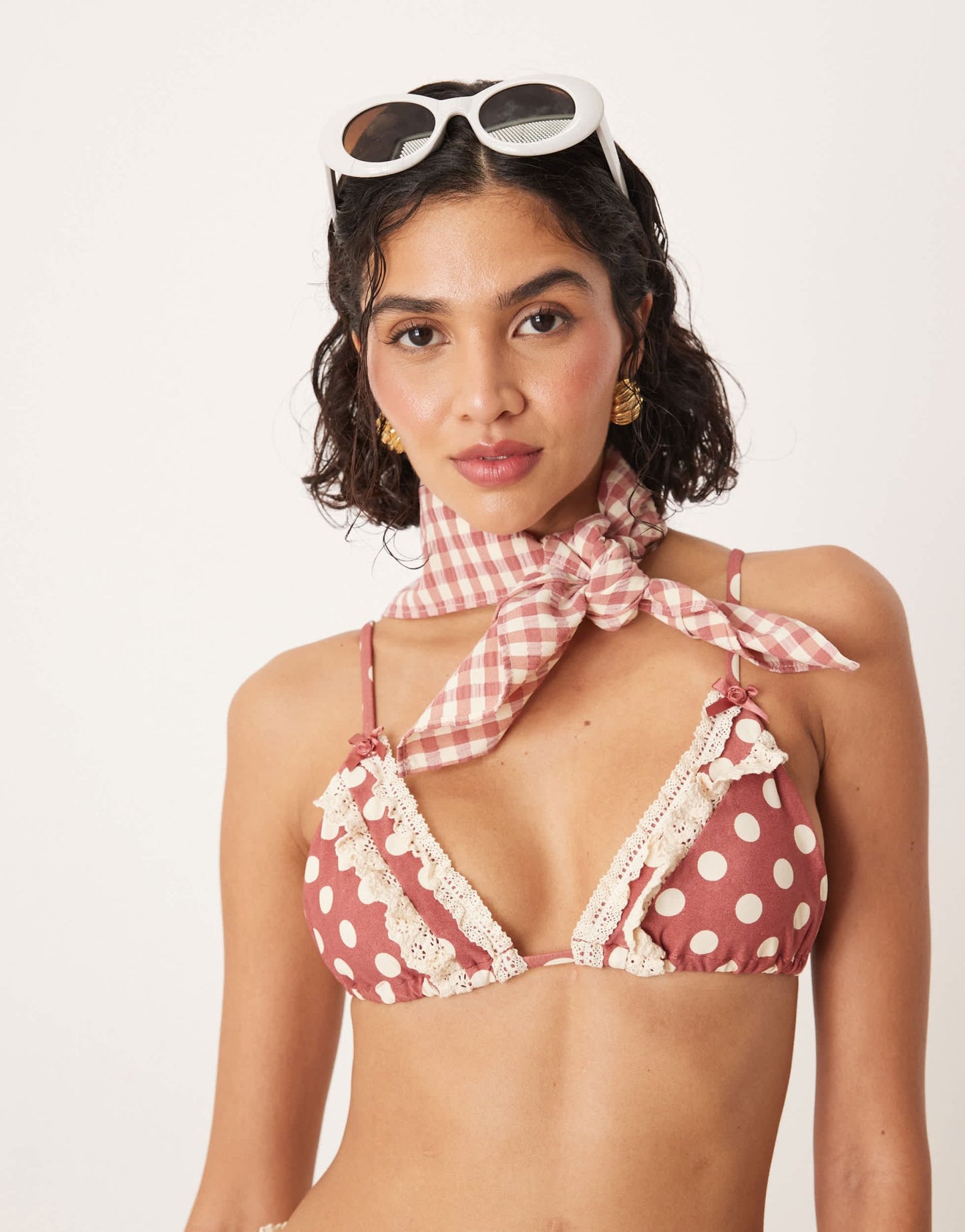 For Love & Lemons dot triangle bikini top co - ord in red gingham - ASOS Sample Sale