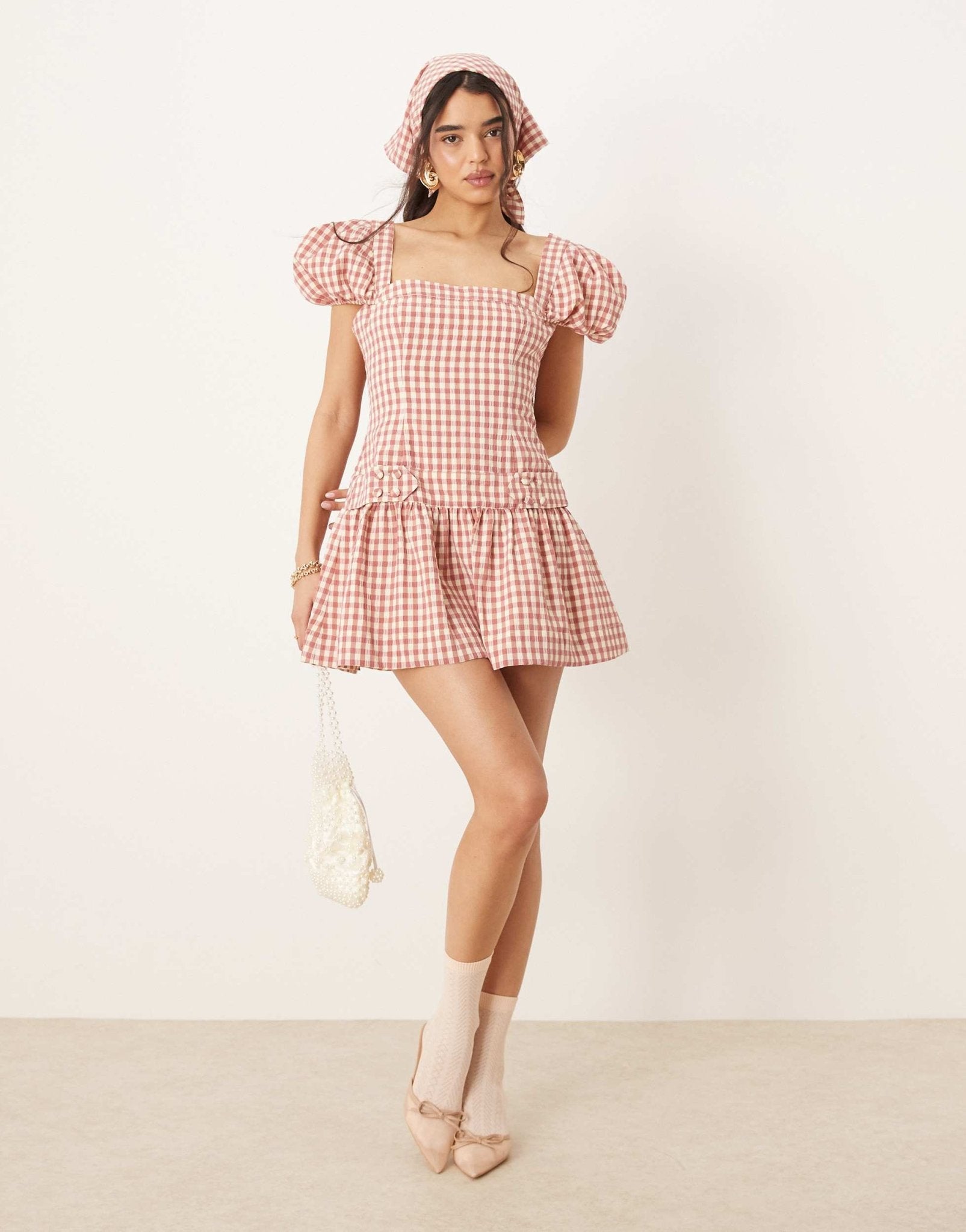 For Love & Lemons Georgia gingham puff sleeve mini dress in white and pink - ASOS Sample Sale