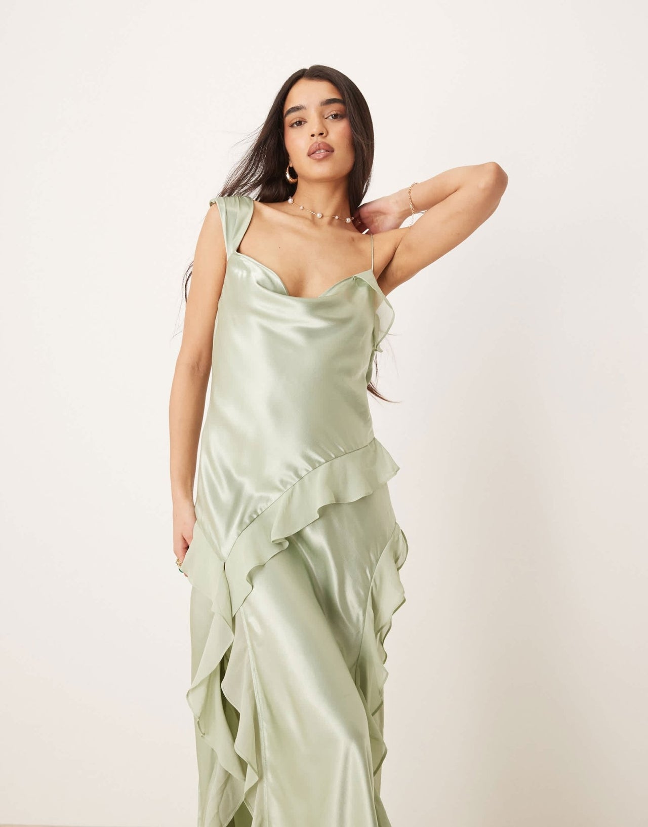 For Love & Lemons Sawyer maxi dress with ruffle detail in desert sage - ASOS Sample Sale