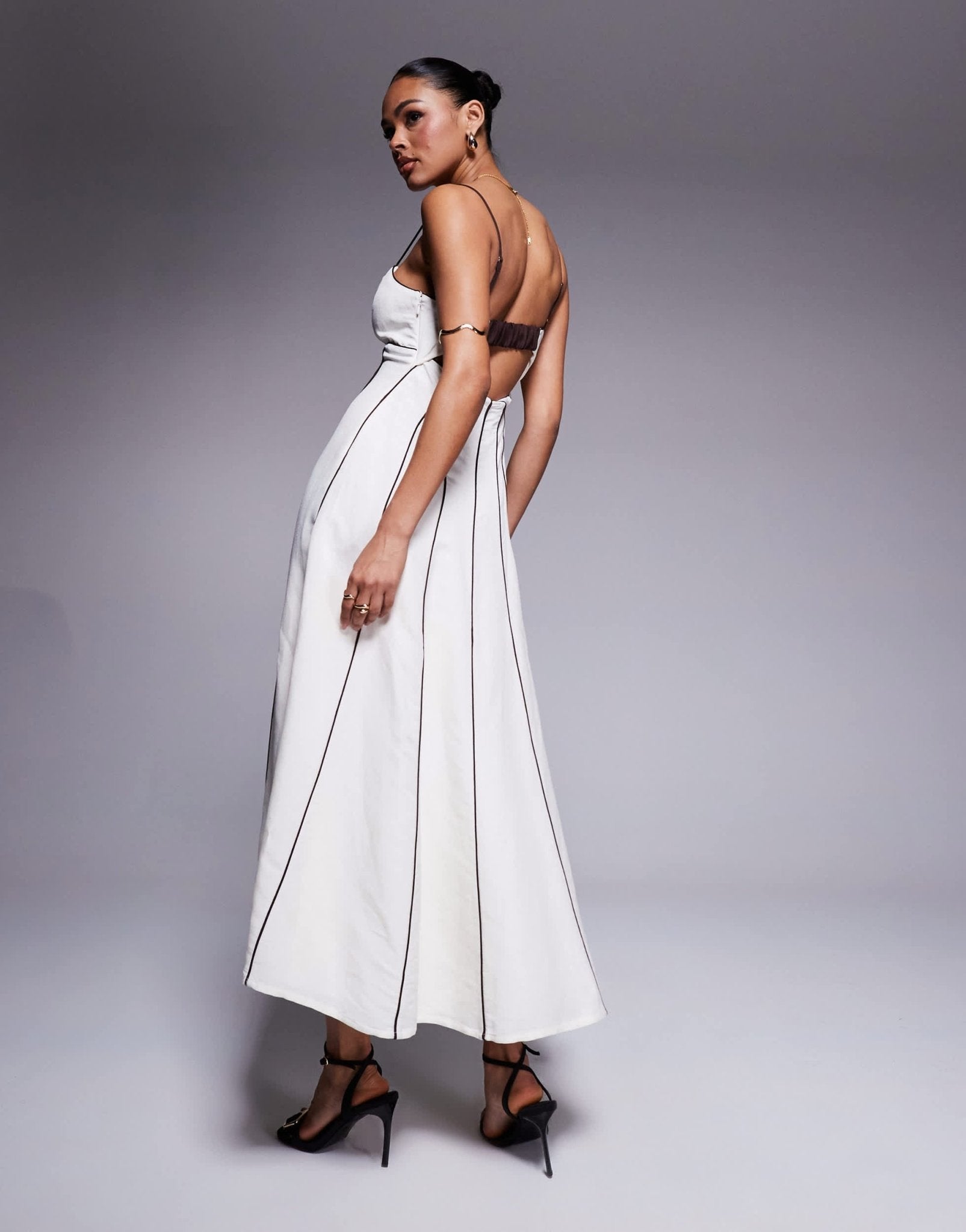 Forever New contrast piping linen midi dress in cream and chocolate - ASOS Sample Sale