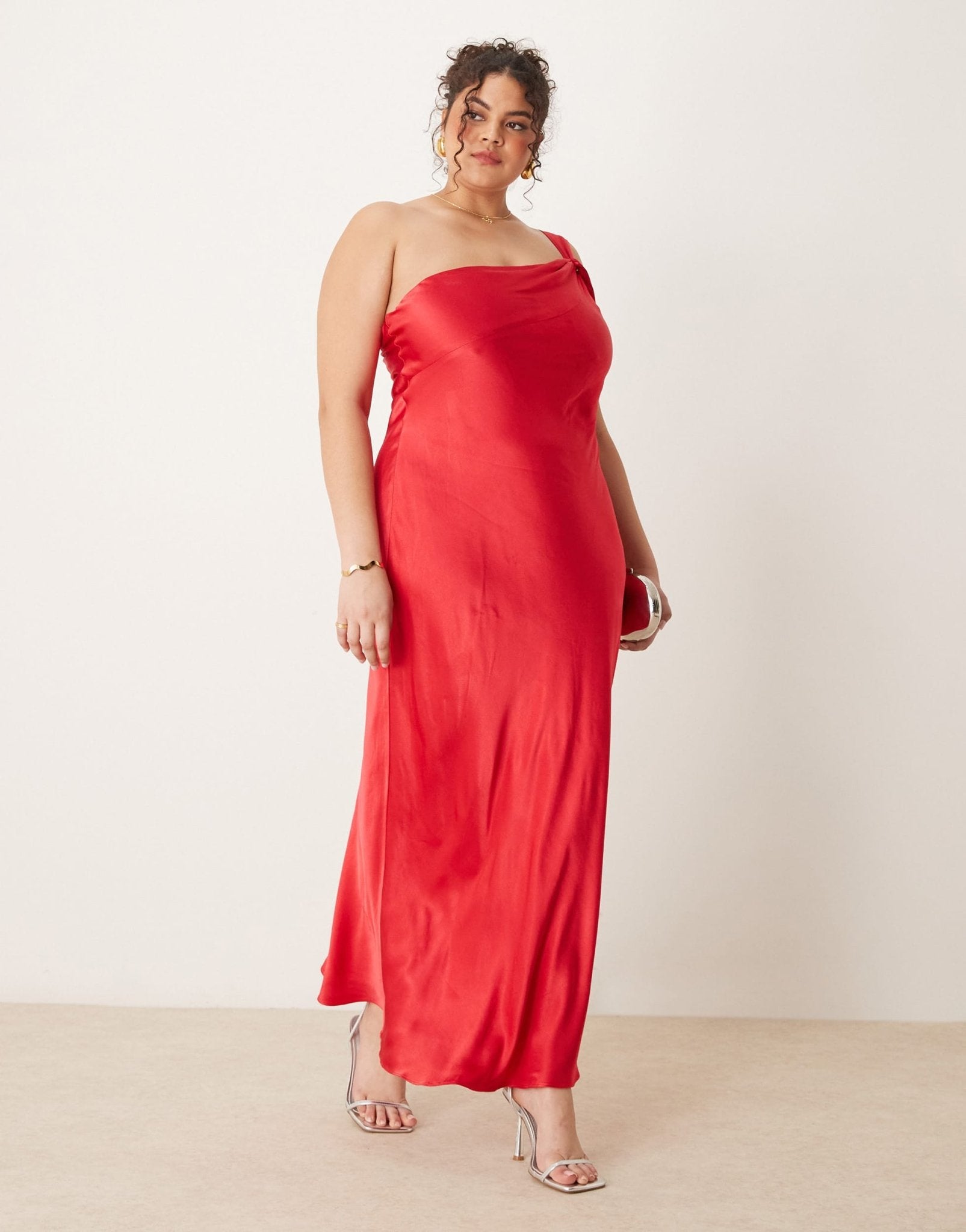 Forever New Curve off shoulder satin midaxi dress in red - ASOS Sample Sale