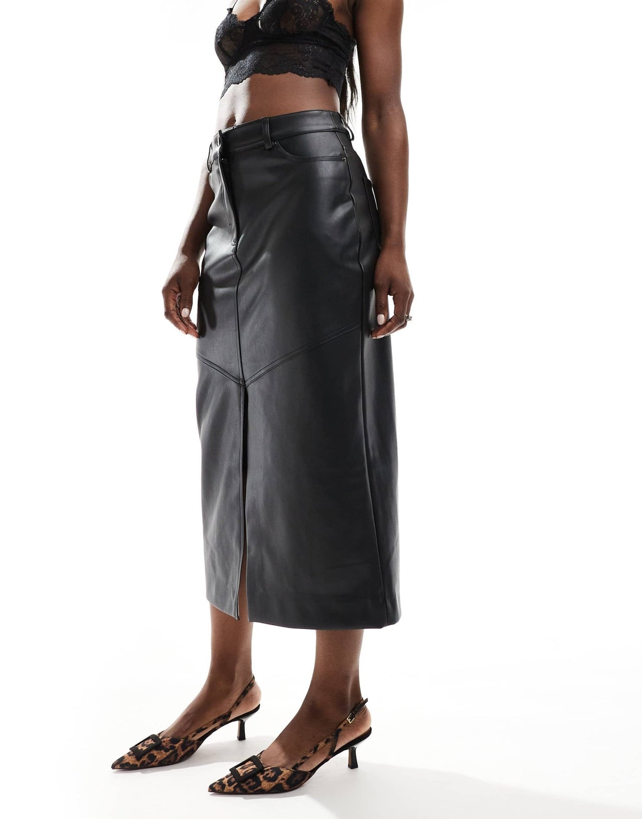 Forever New leather look midi skirt in black - ASOS Sample Sale