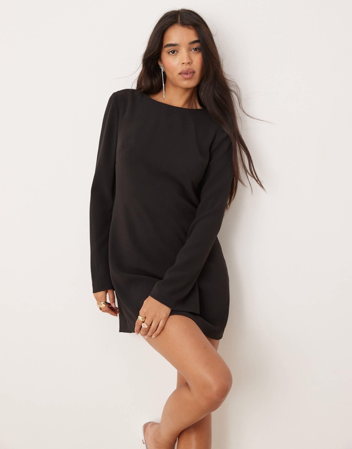 Forever New long sleeve embellished back mini dress in black - ASOS Sample Sale