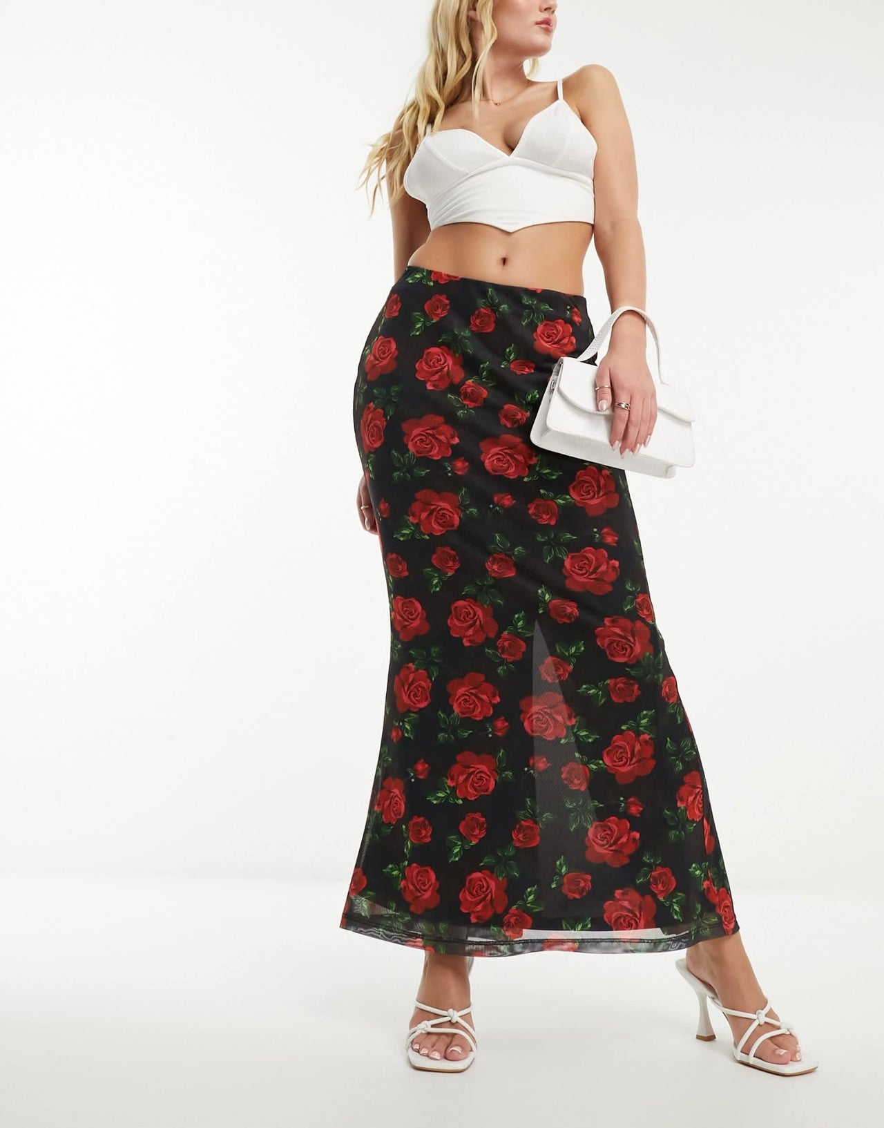 Forever New mesh maxi skirt in black rose print - ASOS Sample Sale