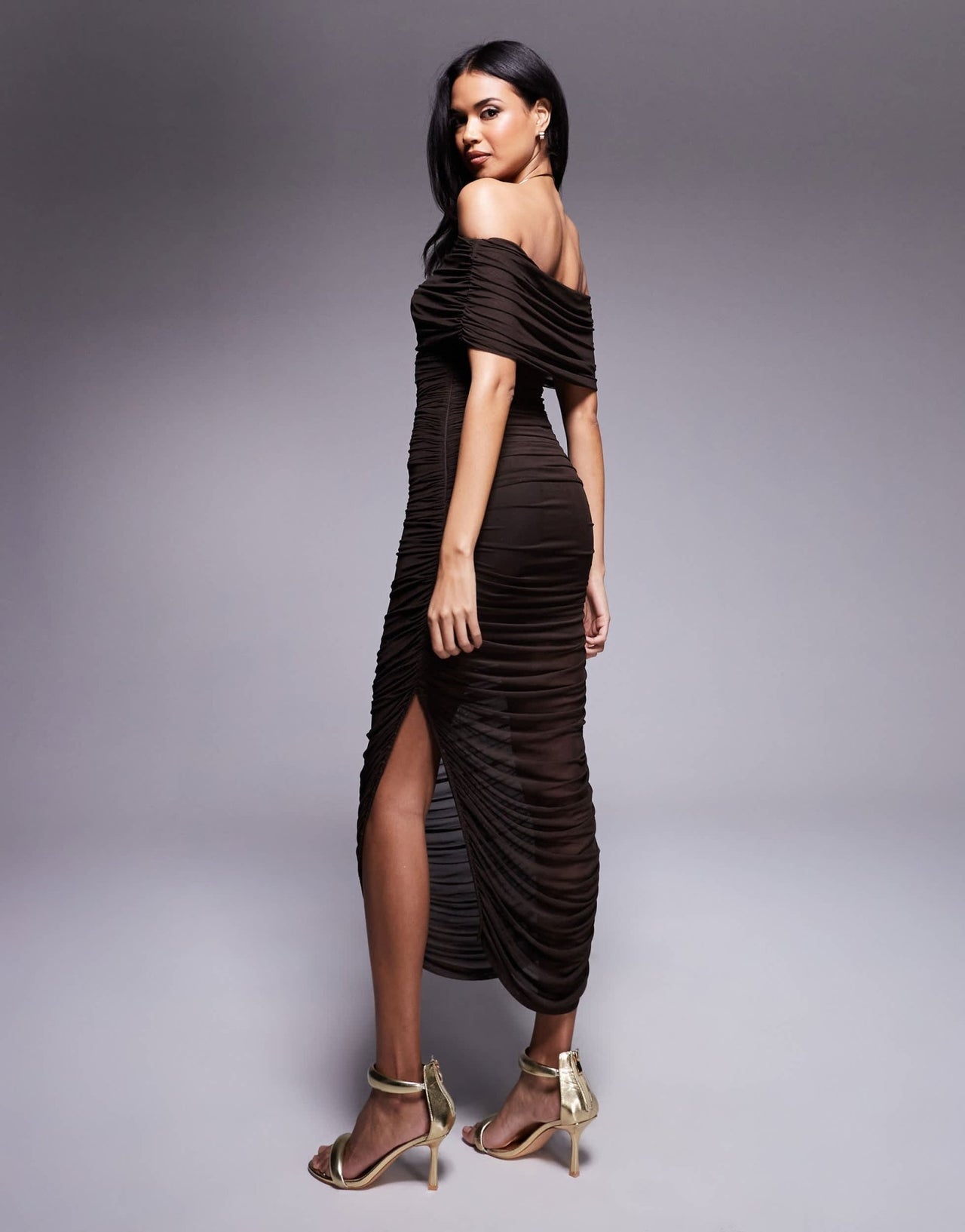 Forever New mesh ruched asymmetrical midaxi dress in espresso - ASOS Sample Sale