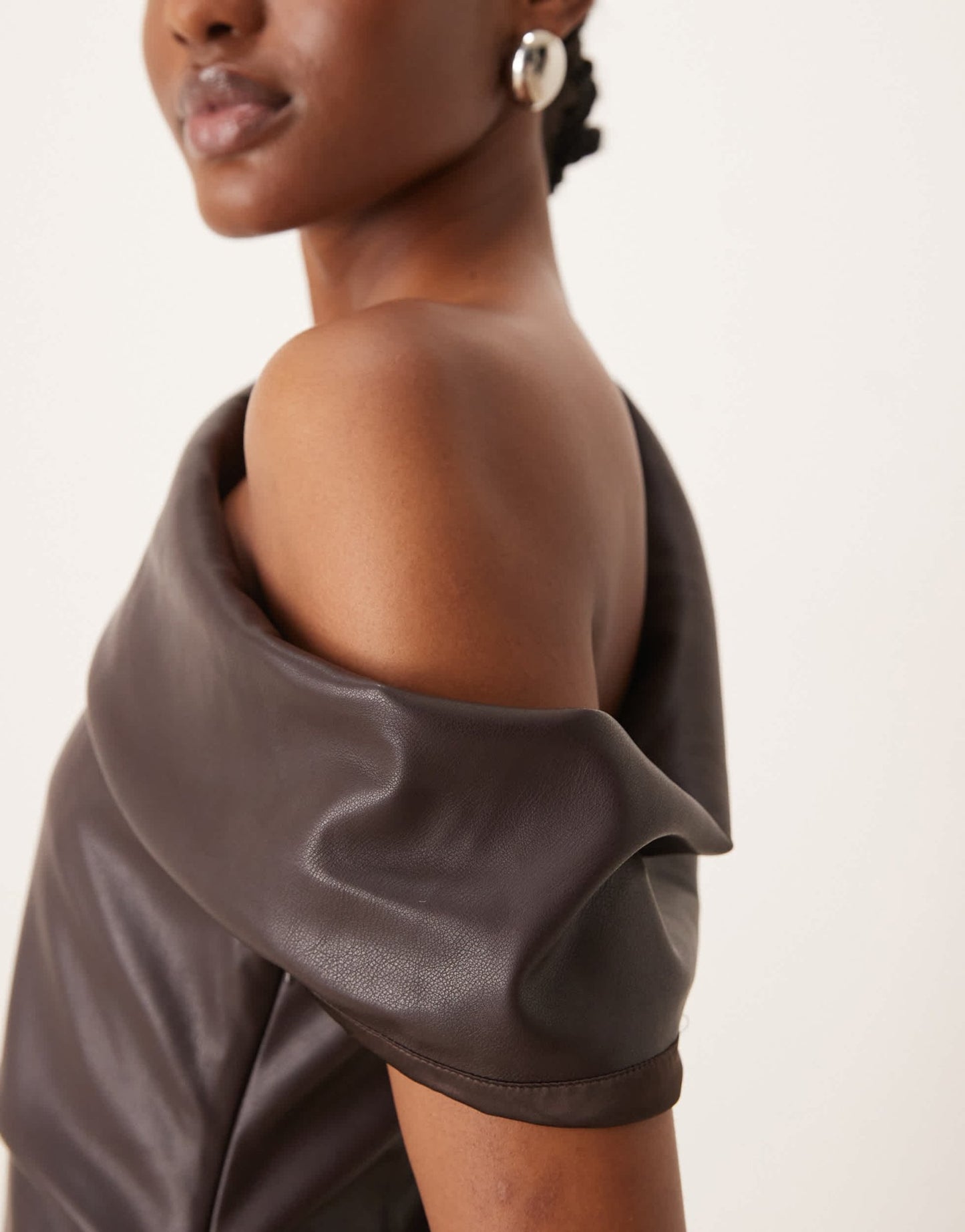 Forever New off shoulder PU mini dress in chocolate - ASOS Sample Sale