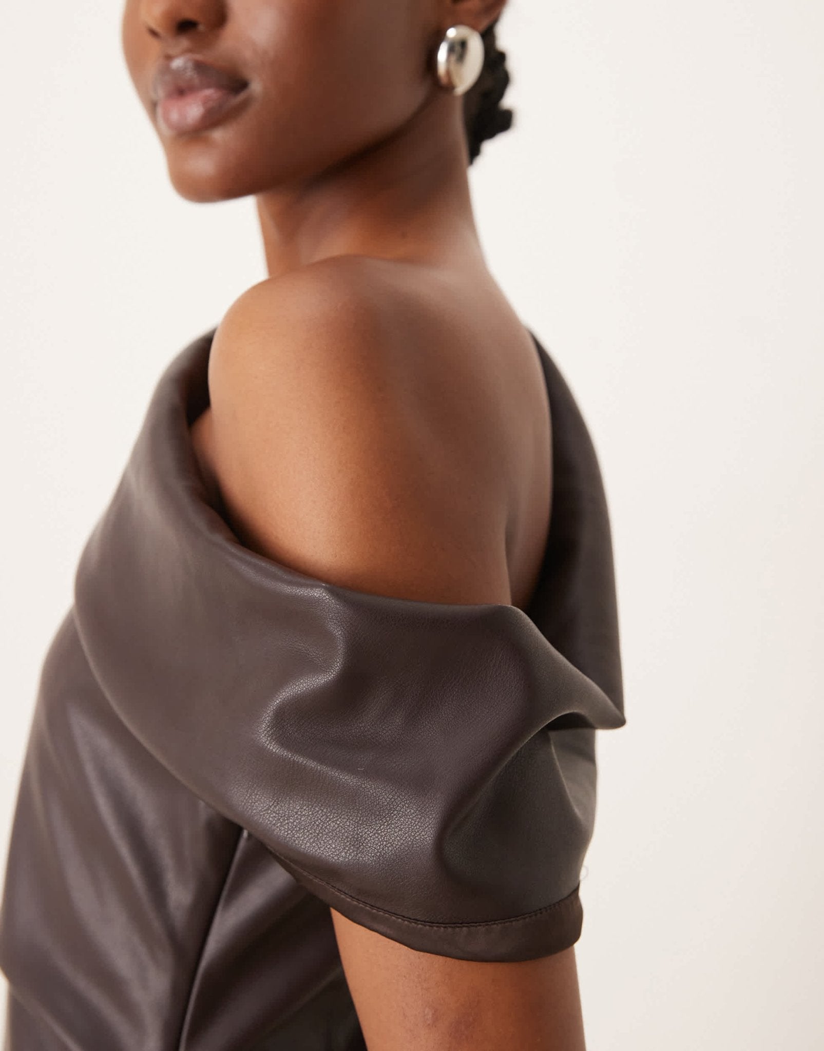 Forever New off shoulder PU mini dress in chocolate - ASOS Sample Sale