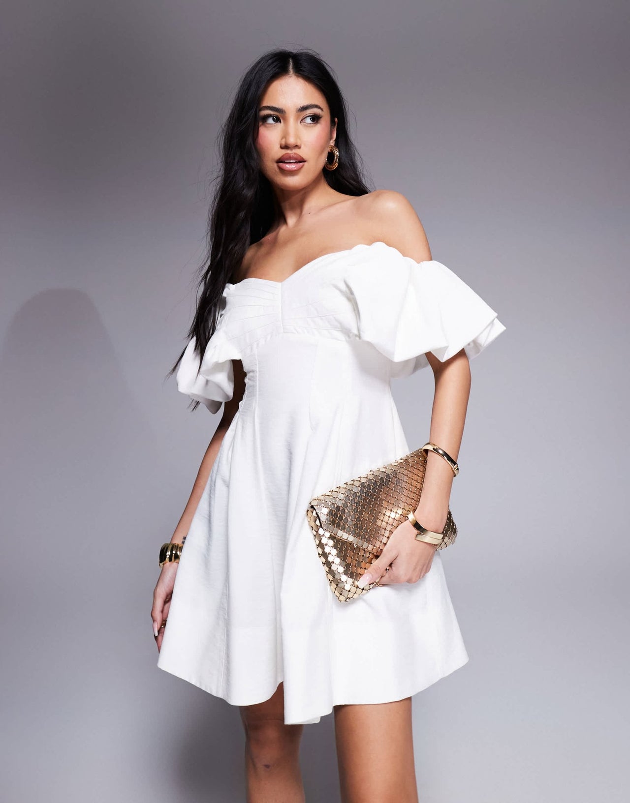 Forever New off shoulder structured mini dress in ivory - ASOS Sample Sale