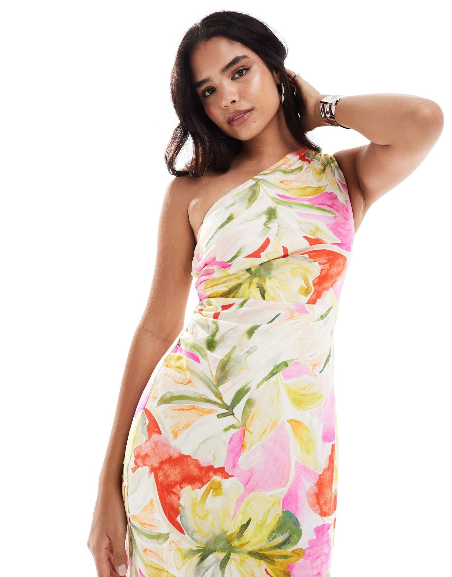 Forever New one shoulder midaxi dress in bright floral - ASOS Sample Sale