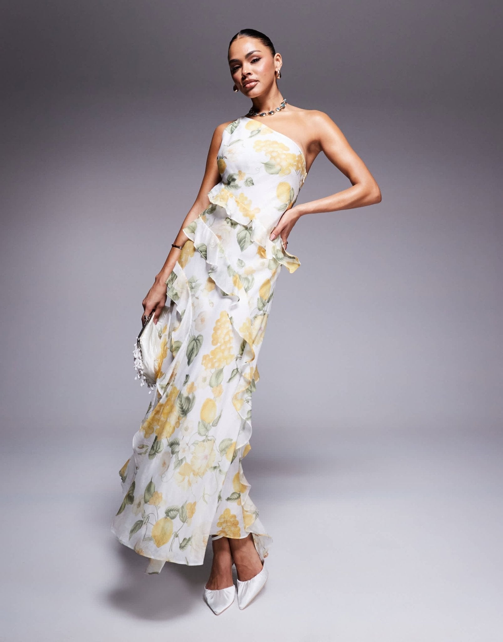 Forever New one shoulder ruffle maxi dress in yellow floral - ASOS Sample Sale