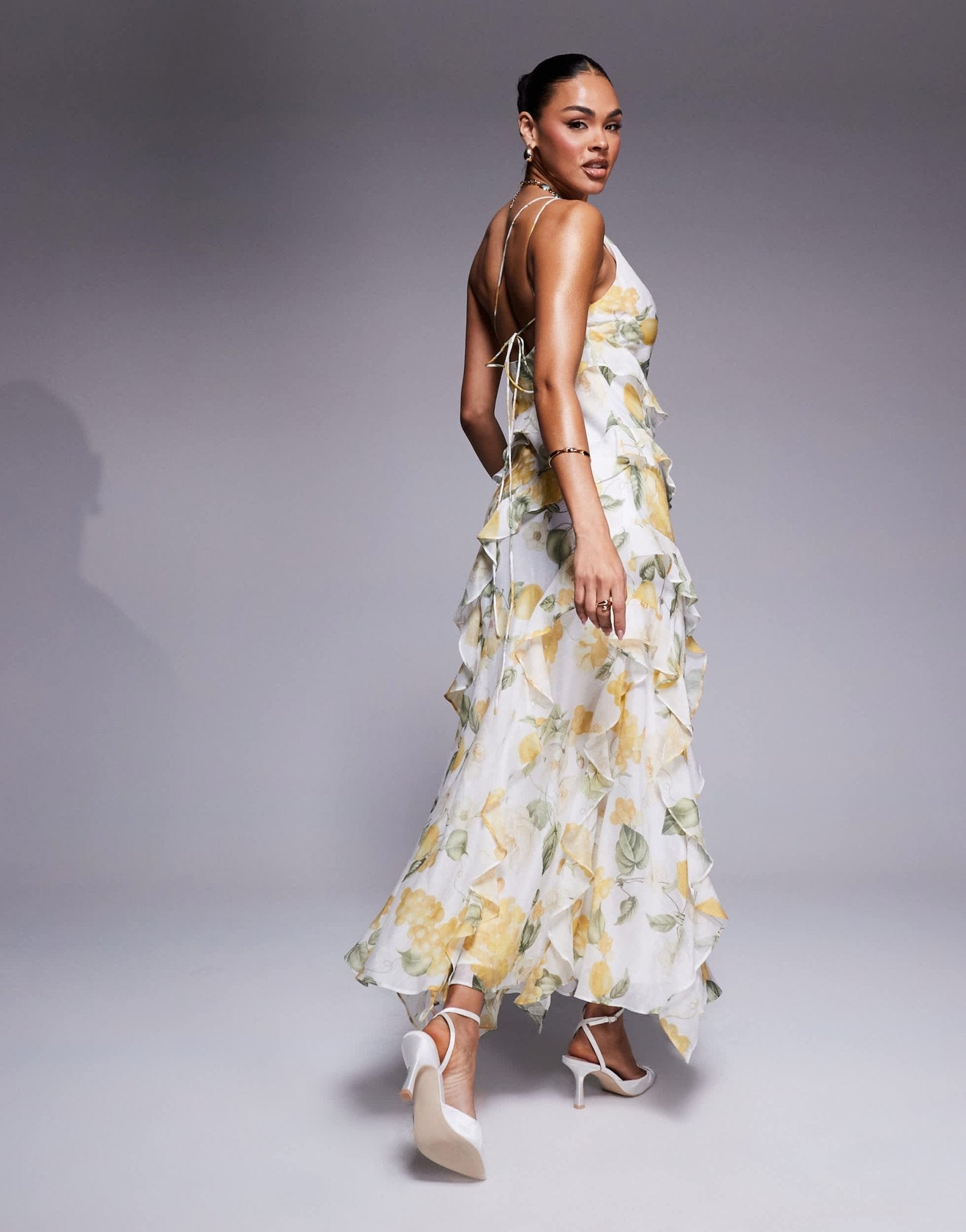 Forever New one shoulder ruffle maxi dress in yellow floral - ASOS Sample Sale