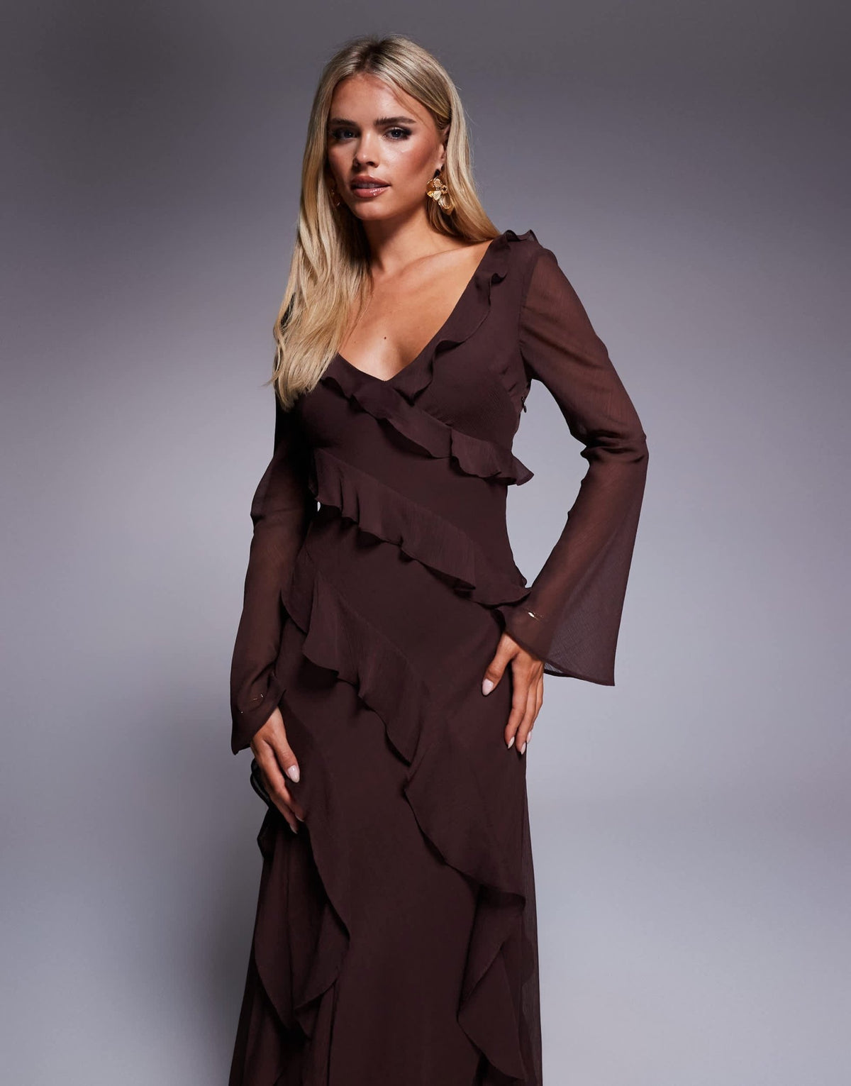 Forever New Petite chiffon ruffle bell sleeve maxi dress in chocolate - ASOS Sample Sale