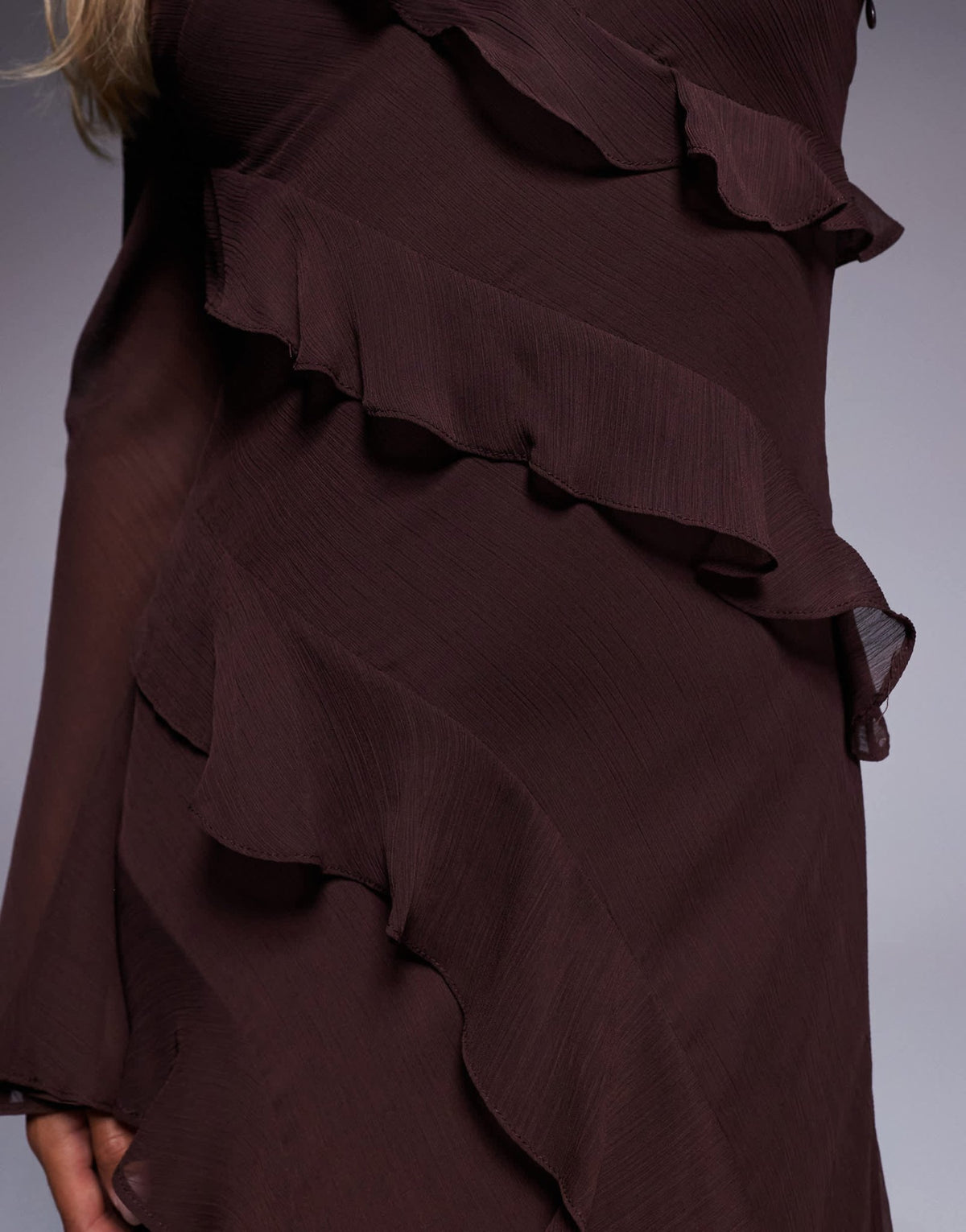 Forever New Petite chiffon ruffle bell sleeve maxi dress in chocolate - ASOS Sample Sale