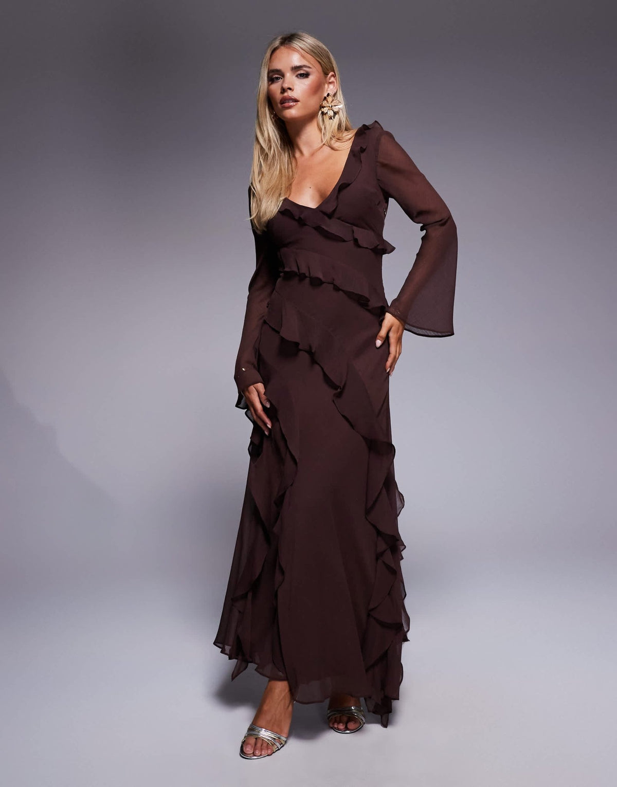 Forever New Petite chiffon ruffle bell sleeve maxi dress in chocolate - ASOS Sample Sale