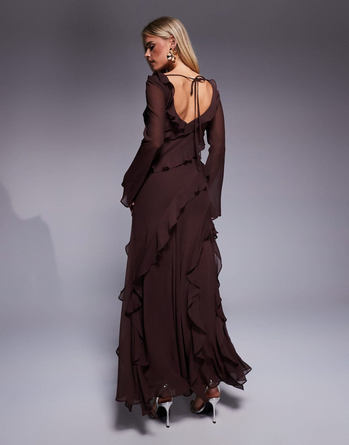 Forever New Petite chiffon ruffle bell sleeve maxi dress in chocolate - ASOS Sample Sale