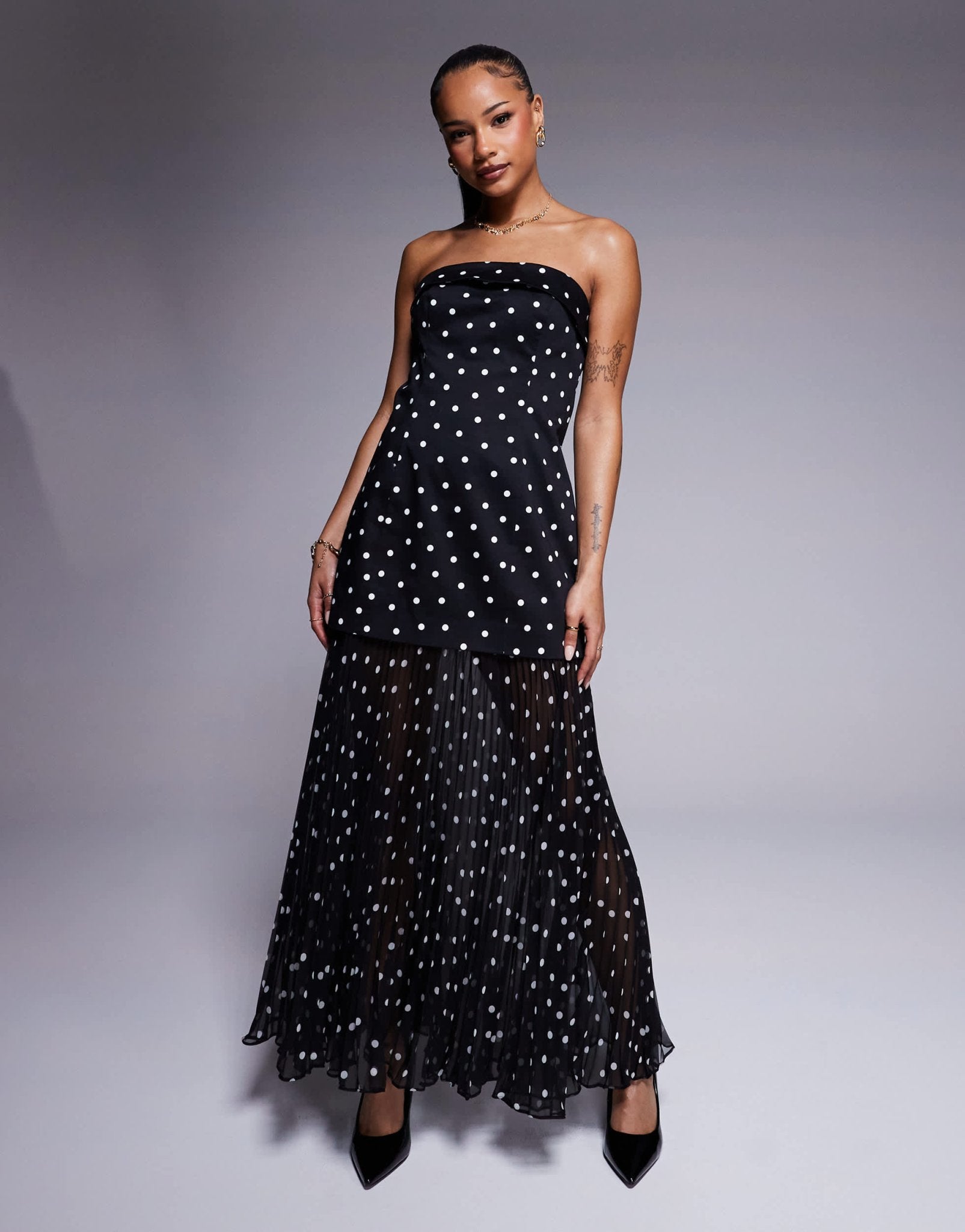 Forever New Petite pleated sheer midaxi dress in black polka dot - ASOS Sample Sale