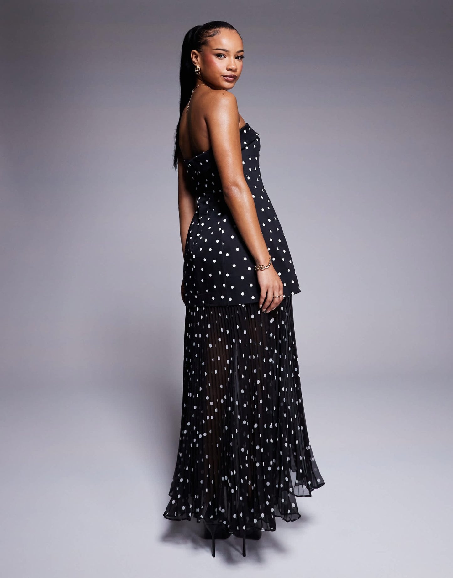 Forever New Petite pleated sheer midaxi dress in black polka dot - ASOS Sample Sale