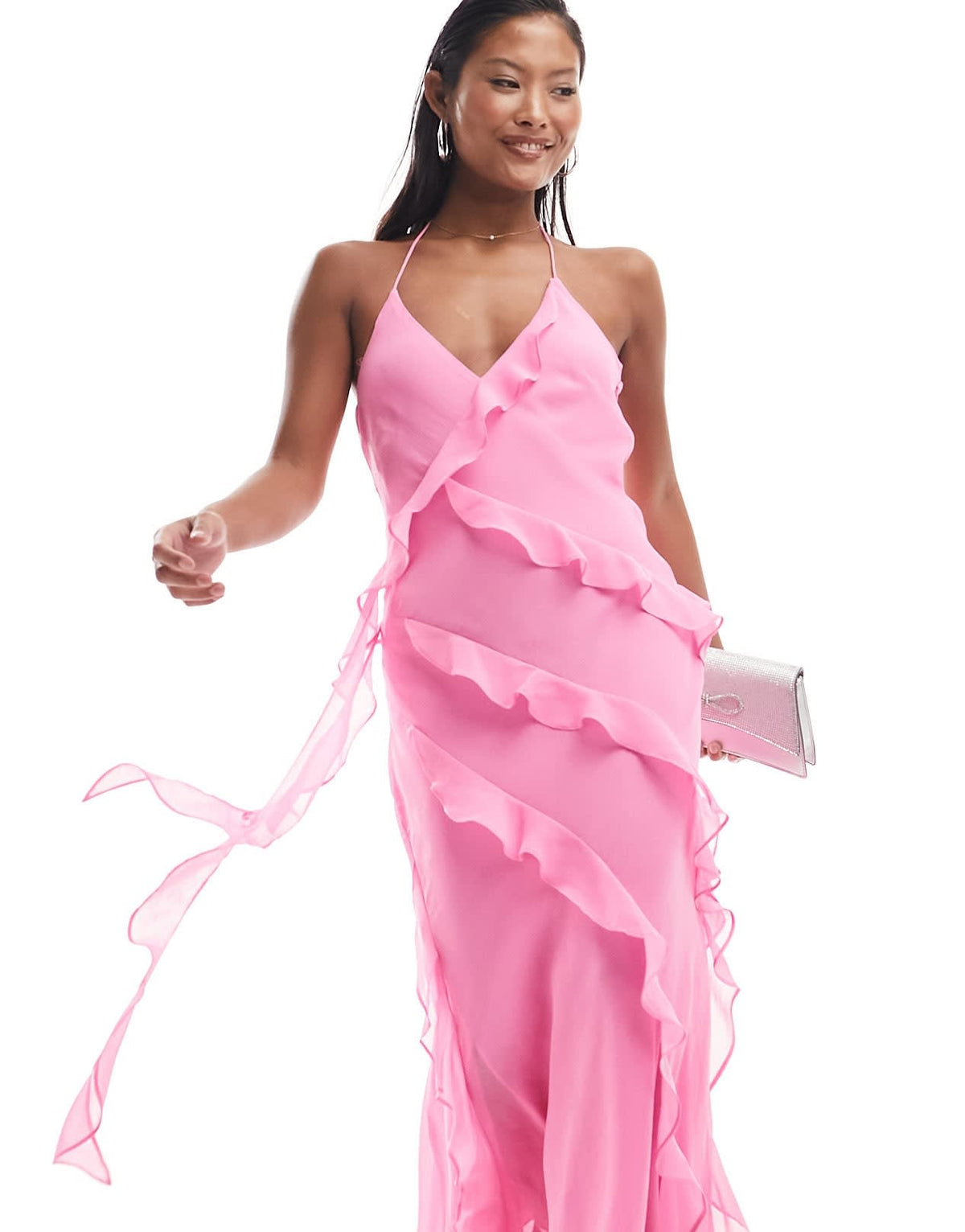 Forever New Petite ruffle halter neck maxi dress in pink - ASOS Sample Sale