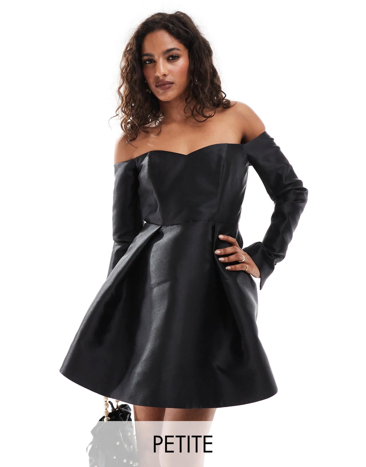 Forever New Petite satin long sleeve mini dress in black - ASOS Sample Sale