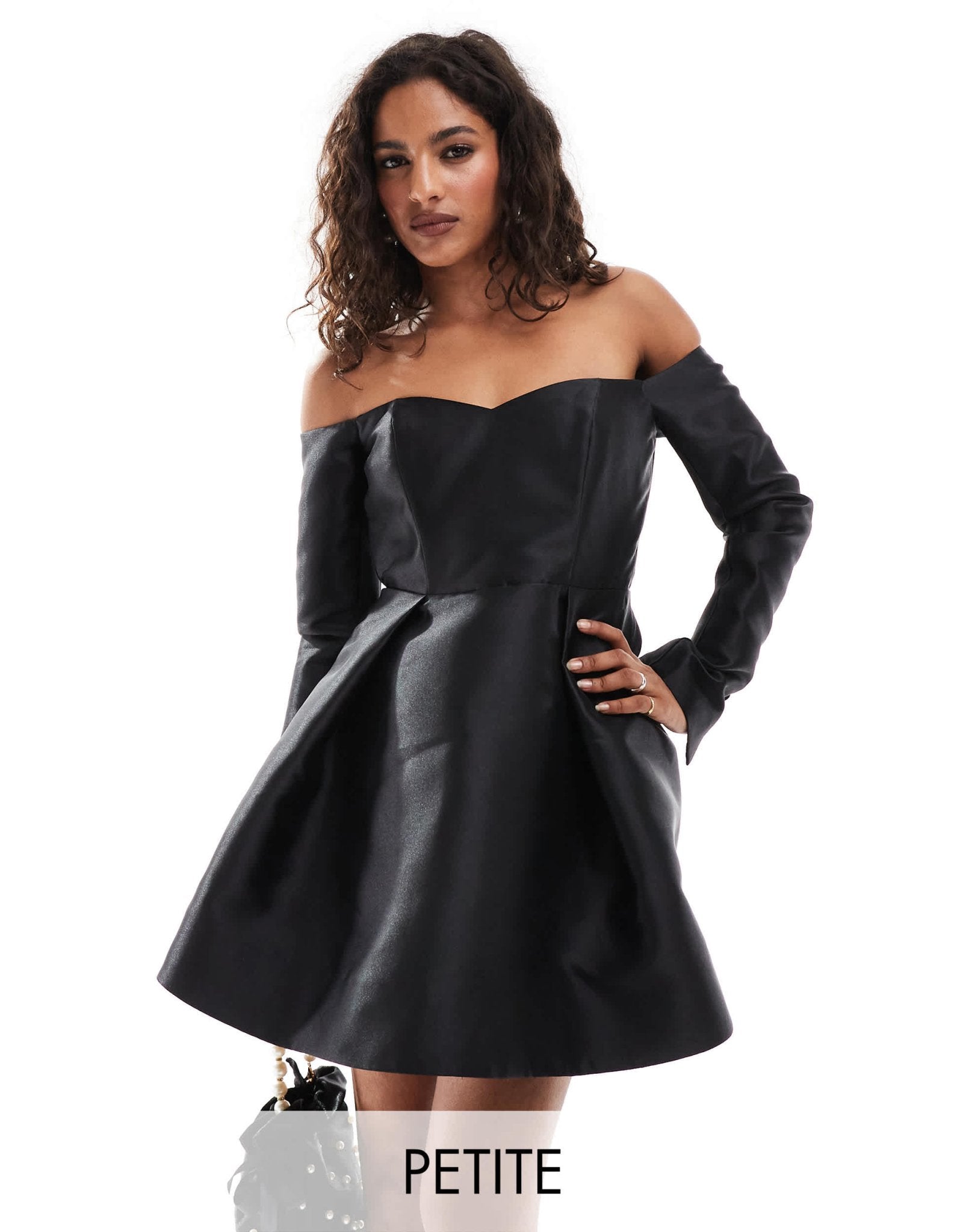 Forever New Petite satin long sleeve mini dress in black - ASOS Sample Sale