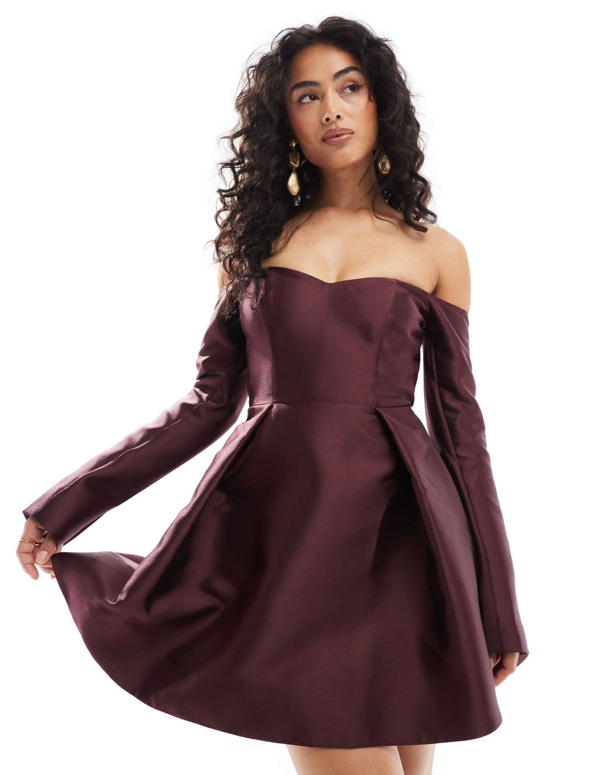 Forever New satin long sleeve mini dress in oxblood - ASOS Sample Sale