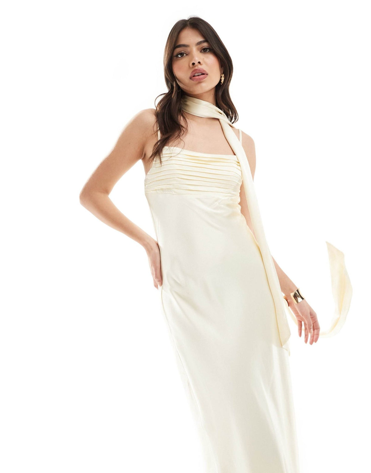 Forever New satin slip midaxi dress with neck tie in butter bean - ASOS Sample Sale