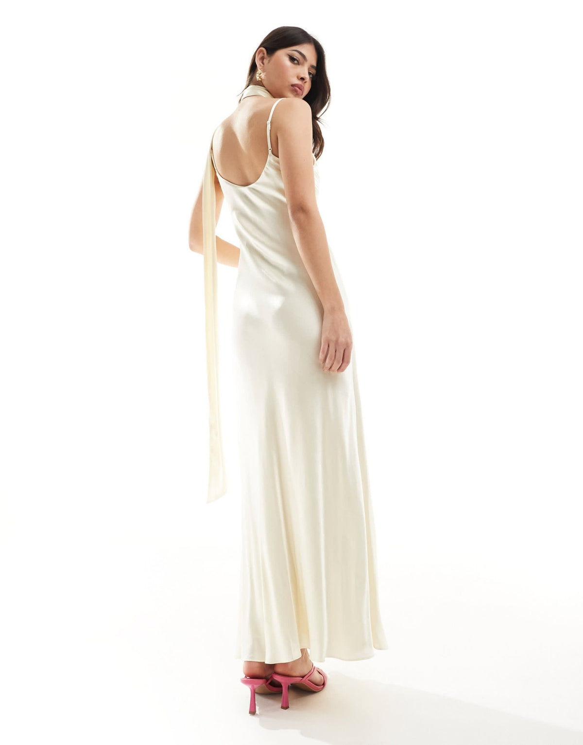Forever New satin slip midaxi dress with neck tie in butter bean - ASOS Sample Sale
