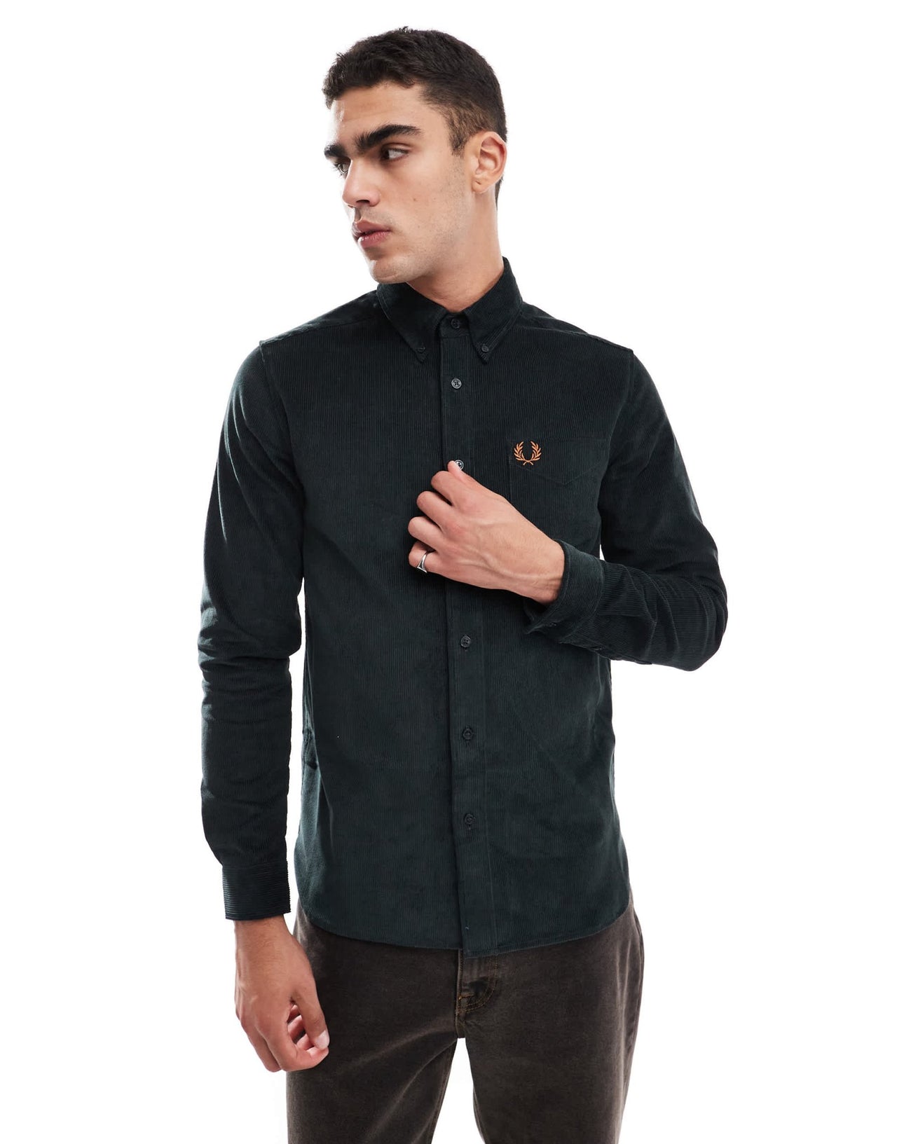 Fred Perry long sleeve cord shirt in dark green - ASOS Sample Sale