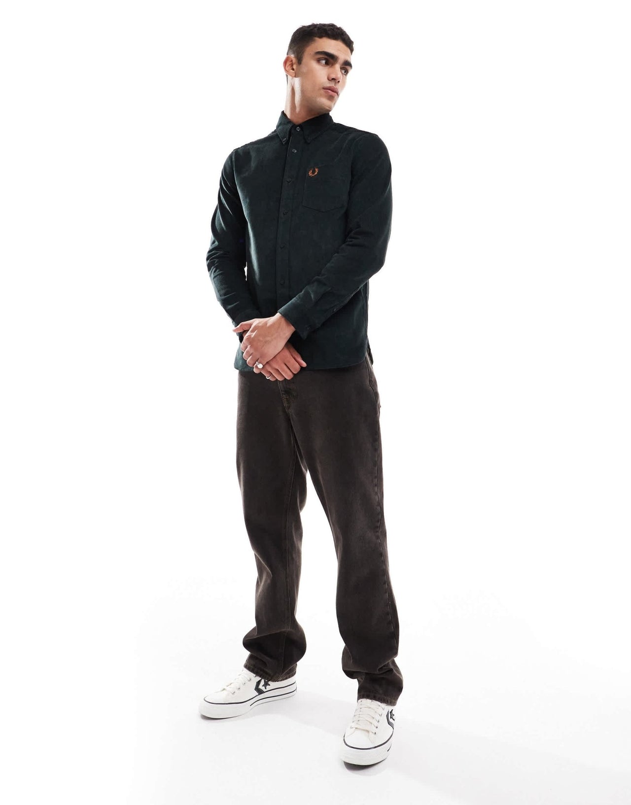 Fred Perry long sleeve cord shirt in dark green - ASOS Sample Sale
