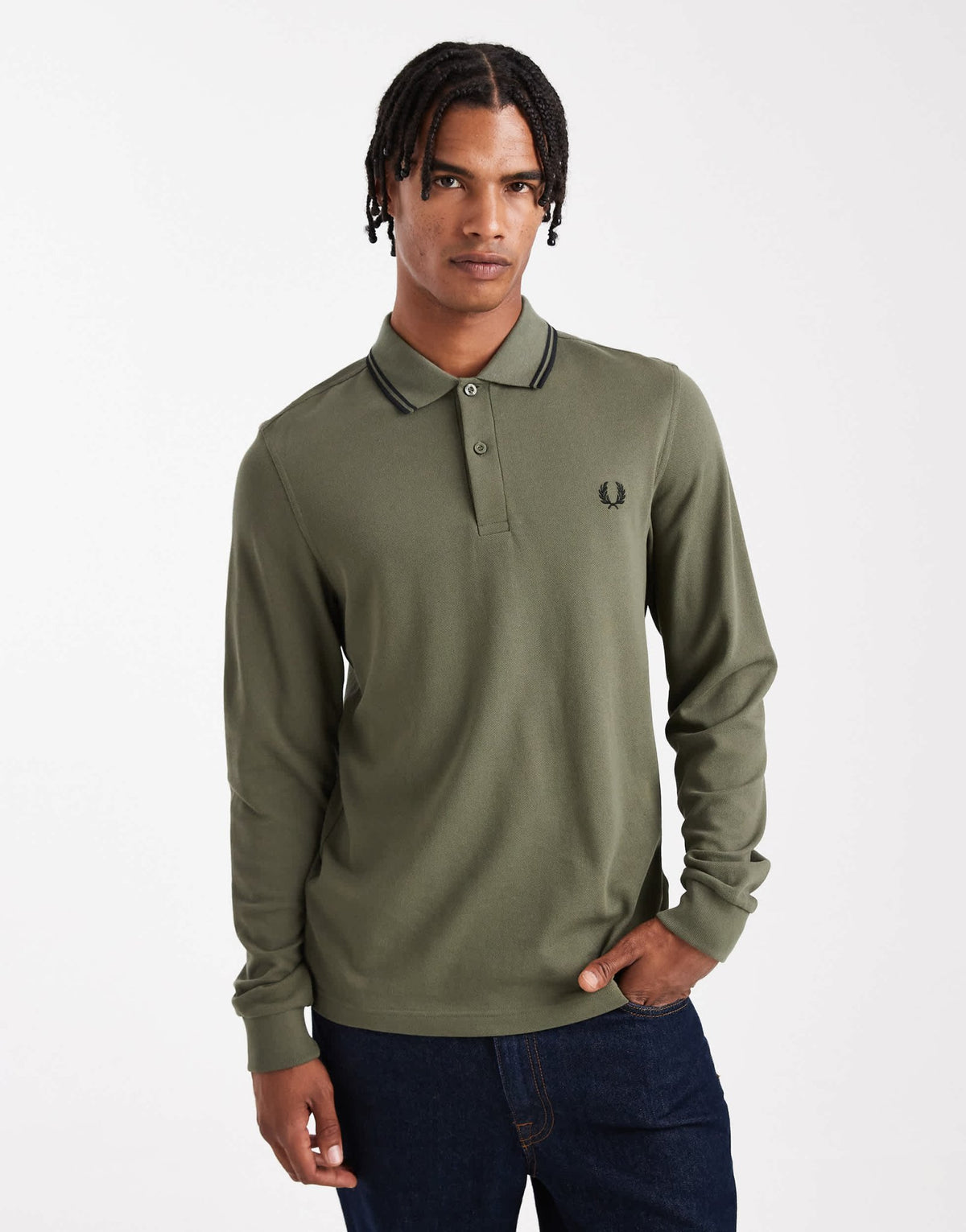 Fred Perry long sleeve tipped polo shirt in khaki - ASOS Sample Sale