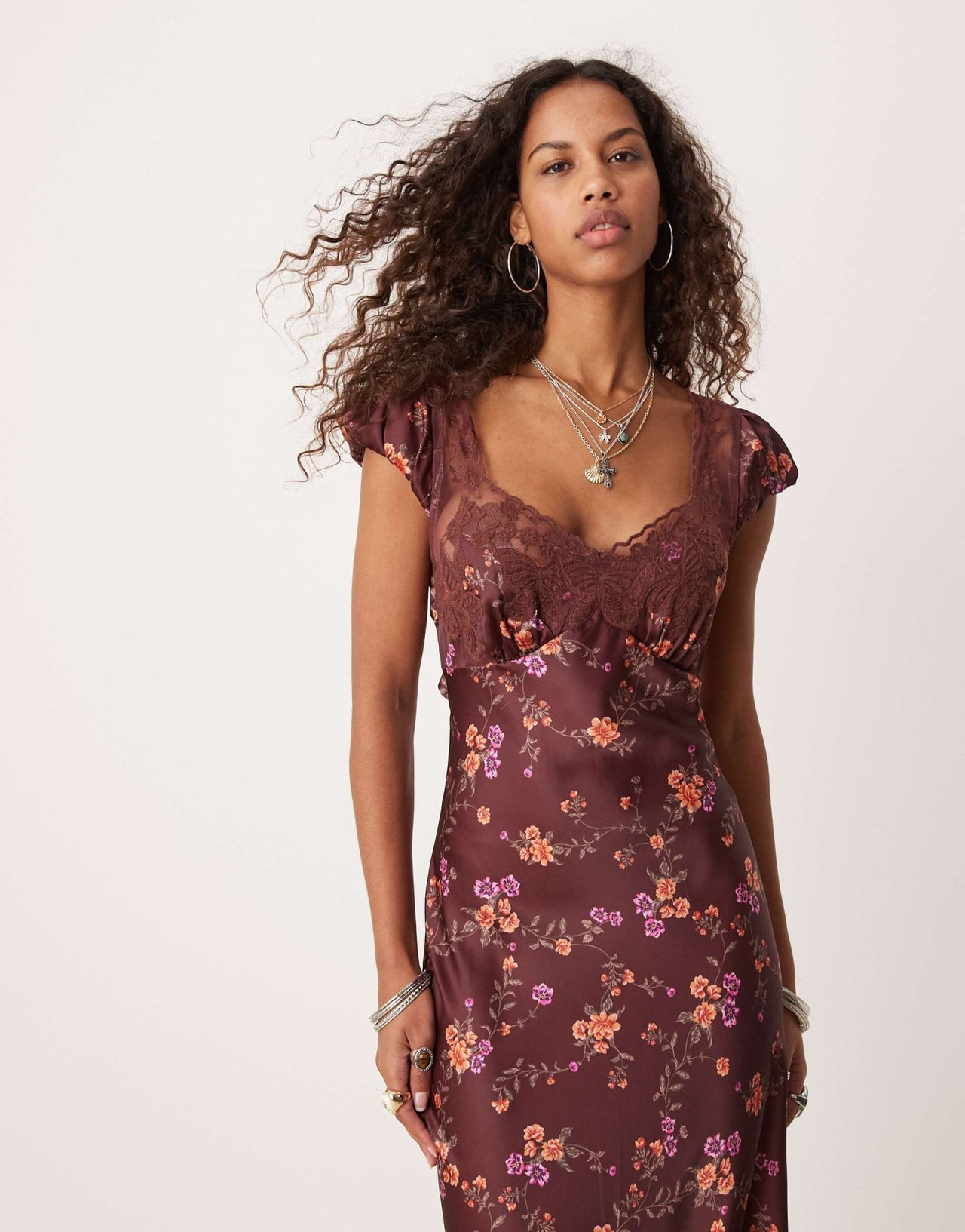 Free People butterfly babe floral print satin midaxi dress in brown - ASOS Sample Sale