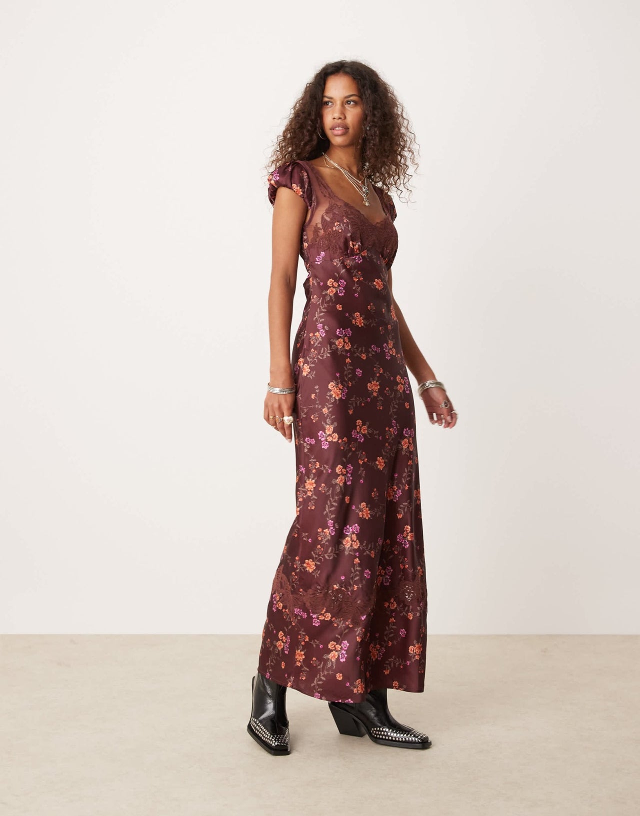 Free People butterfly babe floral print satin midaxi dress in brown - ASOS Sample Sale